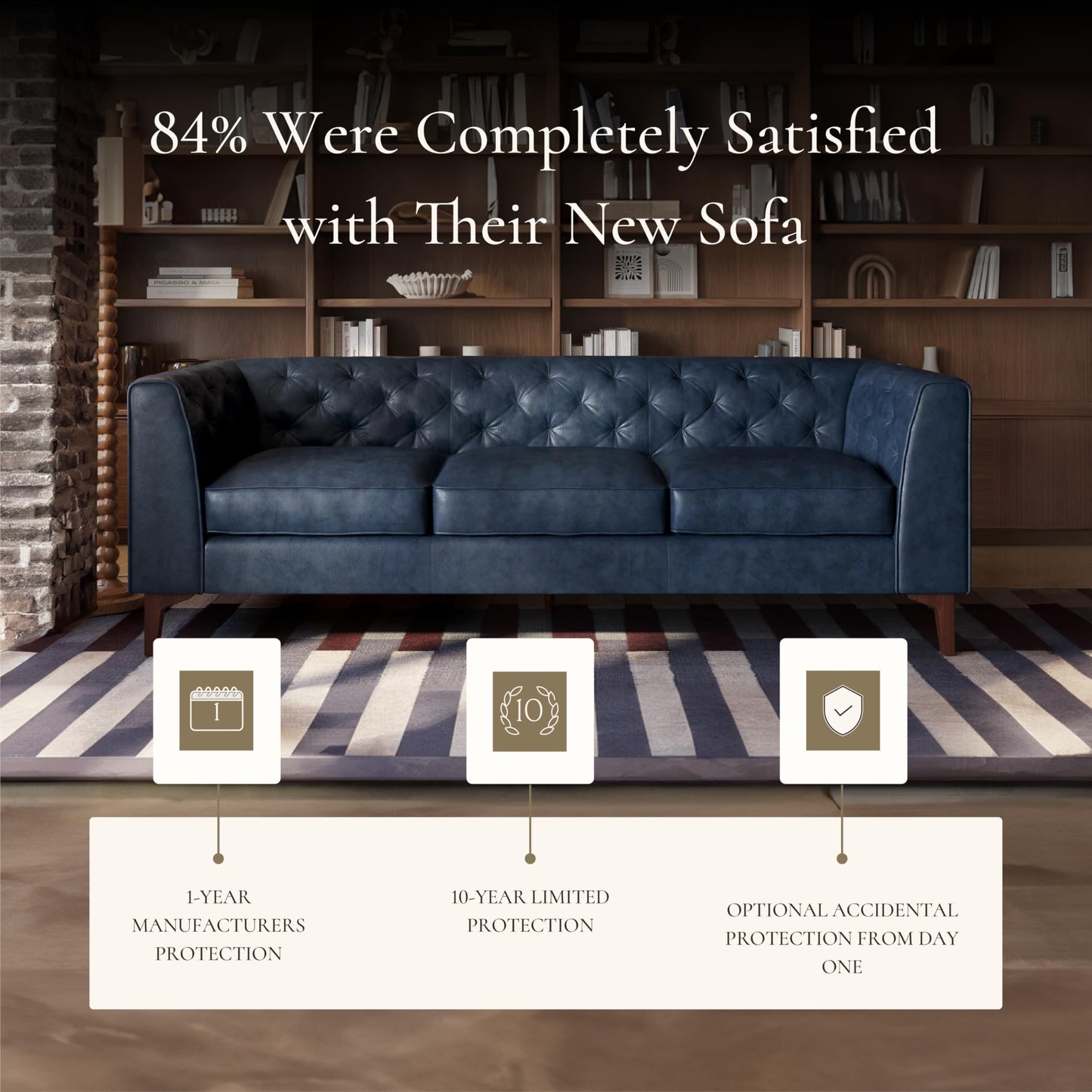 POLY & BARK Essex 89” Full-Grain Italian Leather Sofa – Tufted Back, Feather-Down Comfort, Solid Wood Frame, Midnight Blue