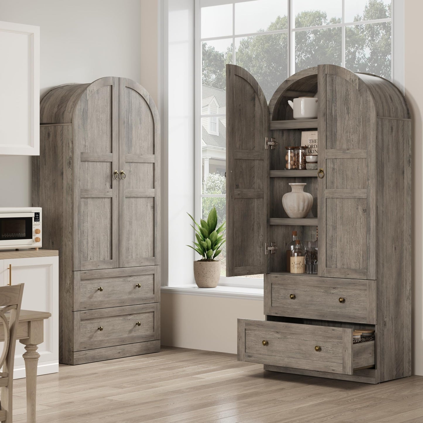 Garvee 72" Tall Dome Bookcase with Drawers, 4-Tier Wooden Bookshelf Storage Cabinet with Door, Farmhouse Arched Cabinet with Storage, Wood Arch Bookcase for Home Office, Living Room, Gray