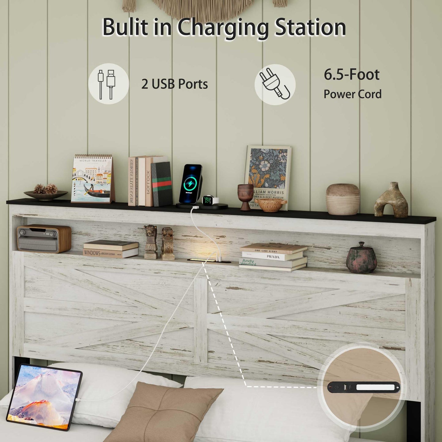 Ball & Cast Wood Full Size Bed Frame with Storage Headboard,Farmhouse Platform Bed Frame Full with Charging Station,Noise-Free,No Box Spring Needed,Easy Assembly,Antique Gray