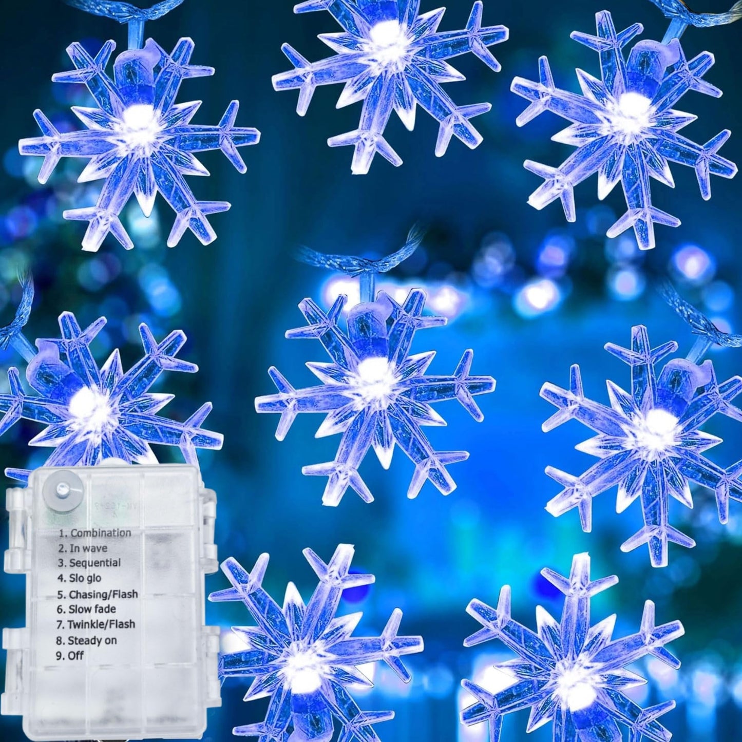 Dazzle Bright Snowflake String Lights, 100LED 50FT, Battery Operated, 8 Lighting Modes, Indoor Outdoor Decorations, Blue