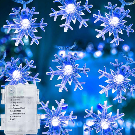 Dazzle Bright Snowflake String Lights, 100LED 50FT, Battery Operated, 8 Lighting Modes, Indoor Outdoor Decorations, Blue
