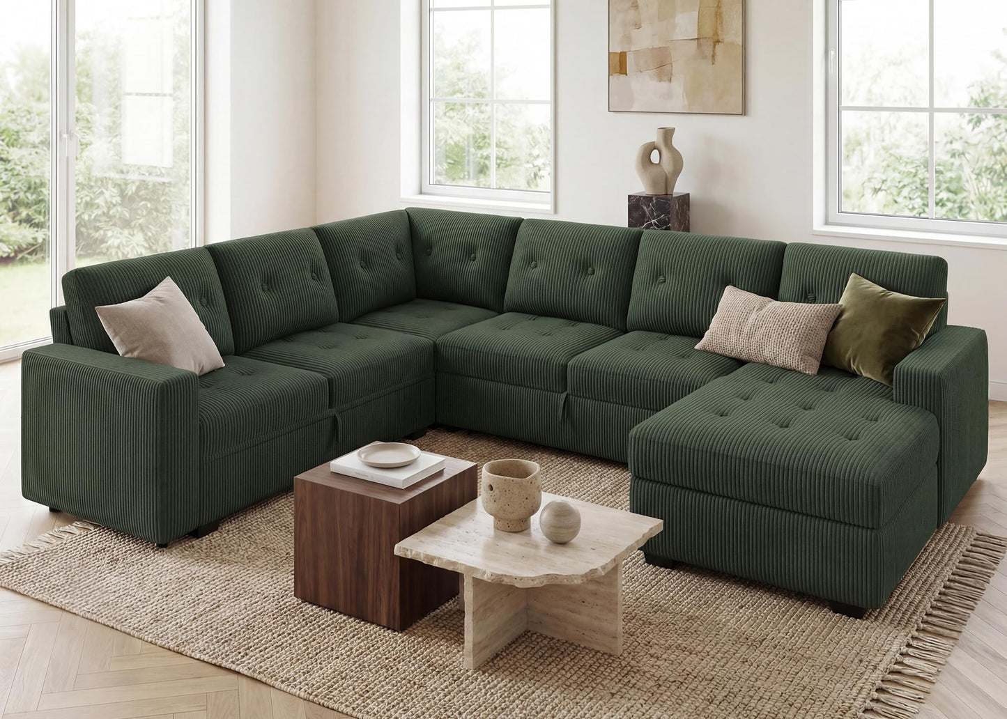 HONBAY Sectional Sleeper Sofa Bed with Storage Chaise, Sleeper Sectional Pull-Out Sofa, Sectional Sleeper Couch for Living Room, Velvet Green