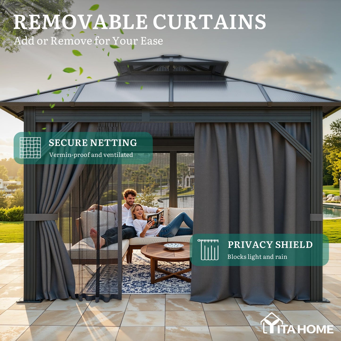 YITAHOME 10x10FT Gazebo Polycarbonate Hardtop Double Roof Canopy Outdoor with Netting and Shaded Curtains, Metal Frame Garden Tent for Patio, Backyard, Deck and Lawns, Grey