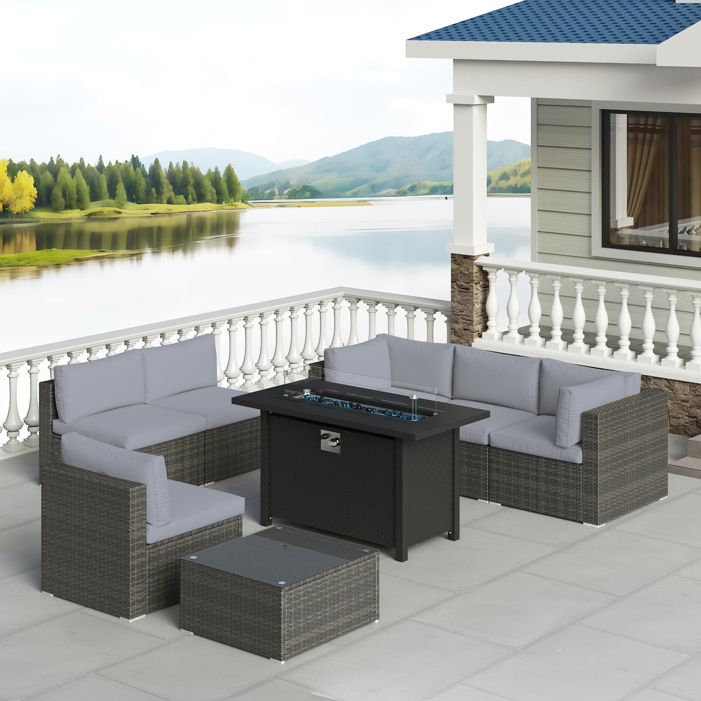 SUNVIVI OUTDOOR 8-Piece Modular Outdoor Patio Furniture Set, Wicker Outdoor Sectional Sofa with 45" Fire Pit Table, All-Weather Rattan with Cushions for Porch Garden Backyard, Grey