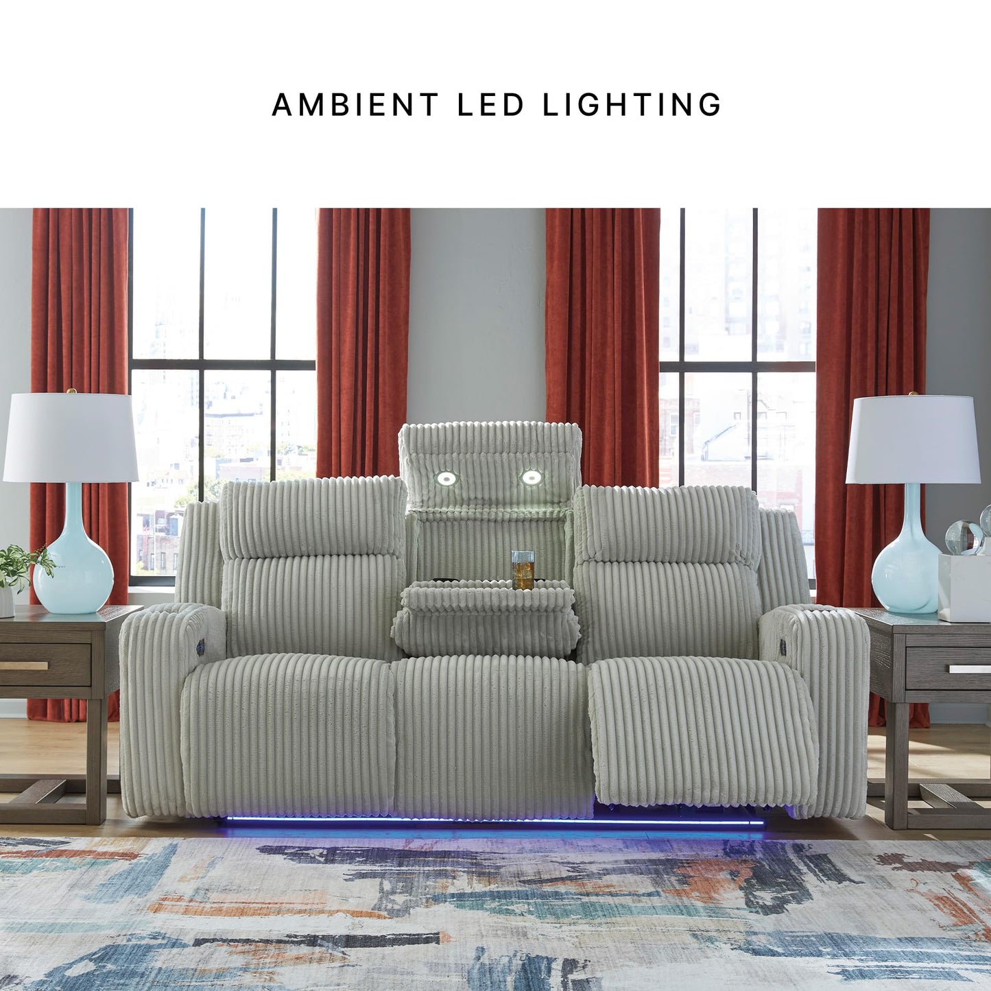 Signature Design by Ashley Broad Cove Modern Power Reclining Sofa with Drop Down Table, Audio Sound System and Adjustable Headrest, White