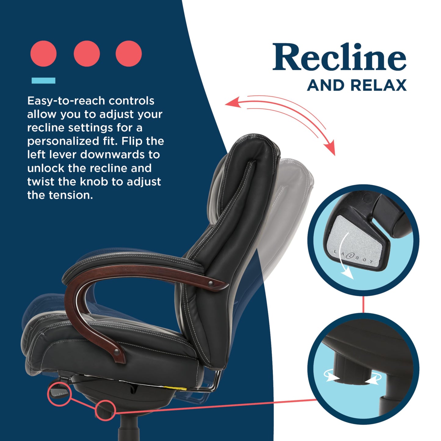 La-Z-Boy® Bellamy Executive Office Chair with Memory Foam Cushions, Real Wood Arms and Swivel Base, Waterfall Seat Edge, Faux Bonded Leather, Black