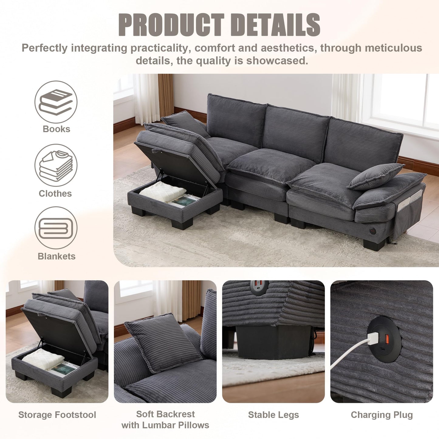 102" Oversized Cloud Modular Sectional Sofa with Movable Ottoman, Free Combination Convertible L Shaped Corner Couch Sets,Comfy Corduroy Upholstered Gray Sofa & Couch for Living Room