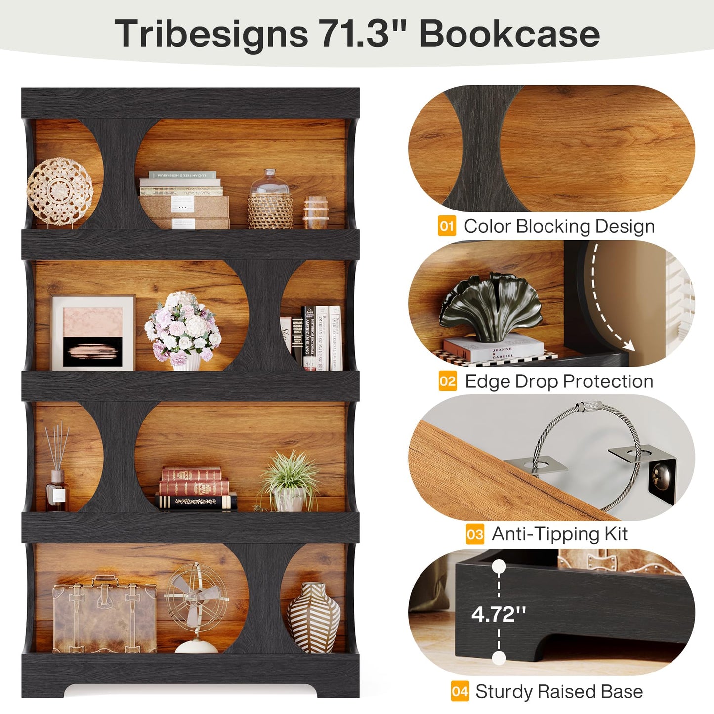 Tribesigns 71" Tall Bookcase, 4-Tier S-Shaped Bookshelf, Wood Decorative Storage Shelving, Modern Freestanding Display Shelves, Large Library Book Shelf Unit for Home Office Living Room, Black & Brown