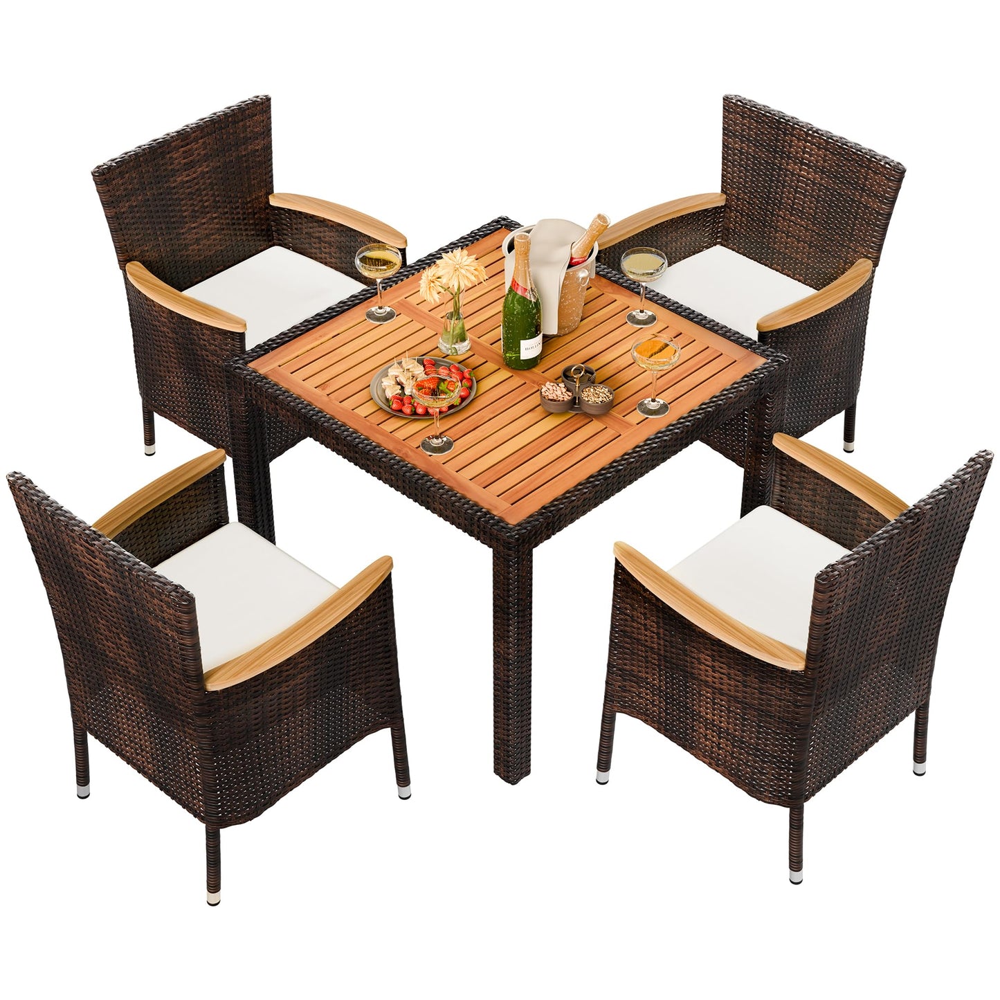 Shintenchi 5 PCS Patio Dining Set, Wicker Outdoor Table and Chairs with Soft Cushions, Patio Furniture Set with Wood Table Top for Backyard, Deck and Garden, Brown Rattan