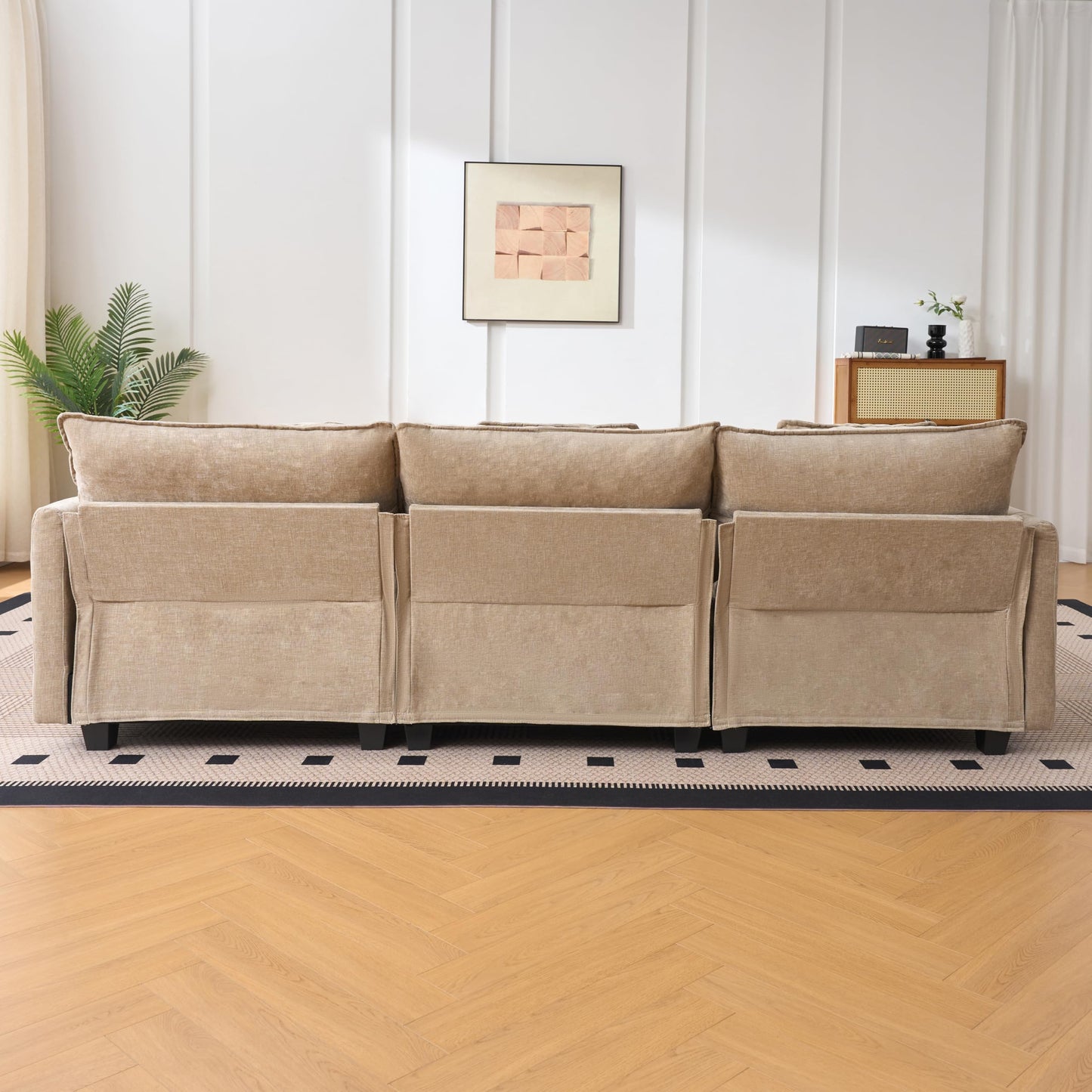 KEIKI 102" Modular Sectional Sofa with Storage Ottoman, L Shaped Convertible Couch with Movable Chaise Lounge, Linen Fabric Fluffy 3 Seat Sleeper Sofa for Living Room Apartment Bedroom, Coffee