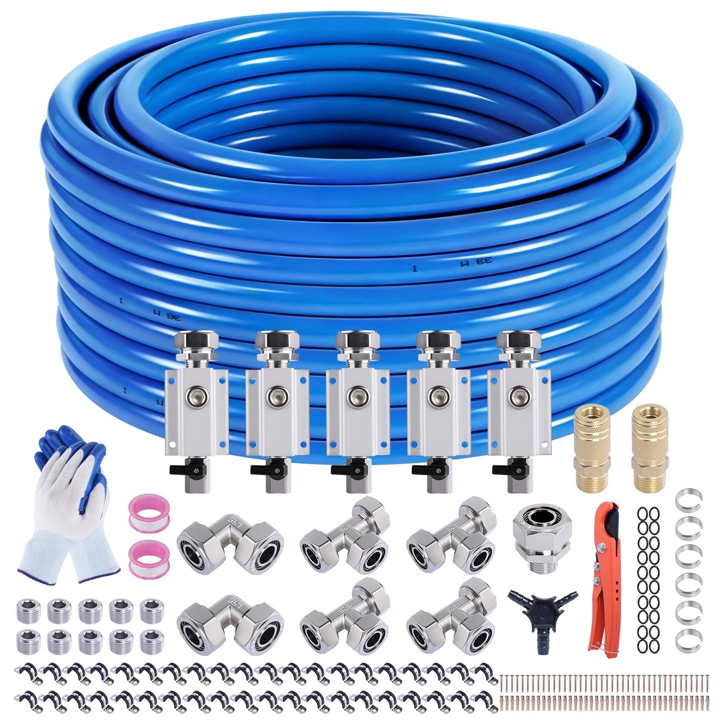 Boeray Shop Air Line Kit 3/4” 200FT Compressed Air Piping System HDPE-Aluminum-HDPE Air Tubing with 4-Way Aluminum Blocks Brass Valves Air Piping Fittings Kit Air Compressor Accessories for Garage