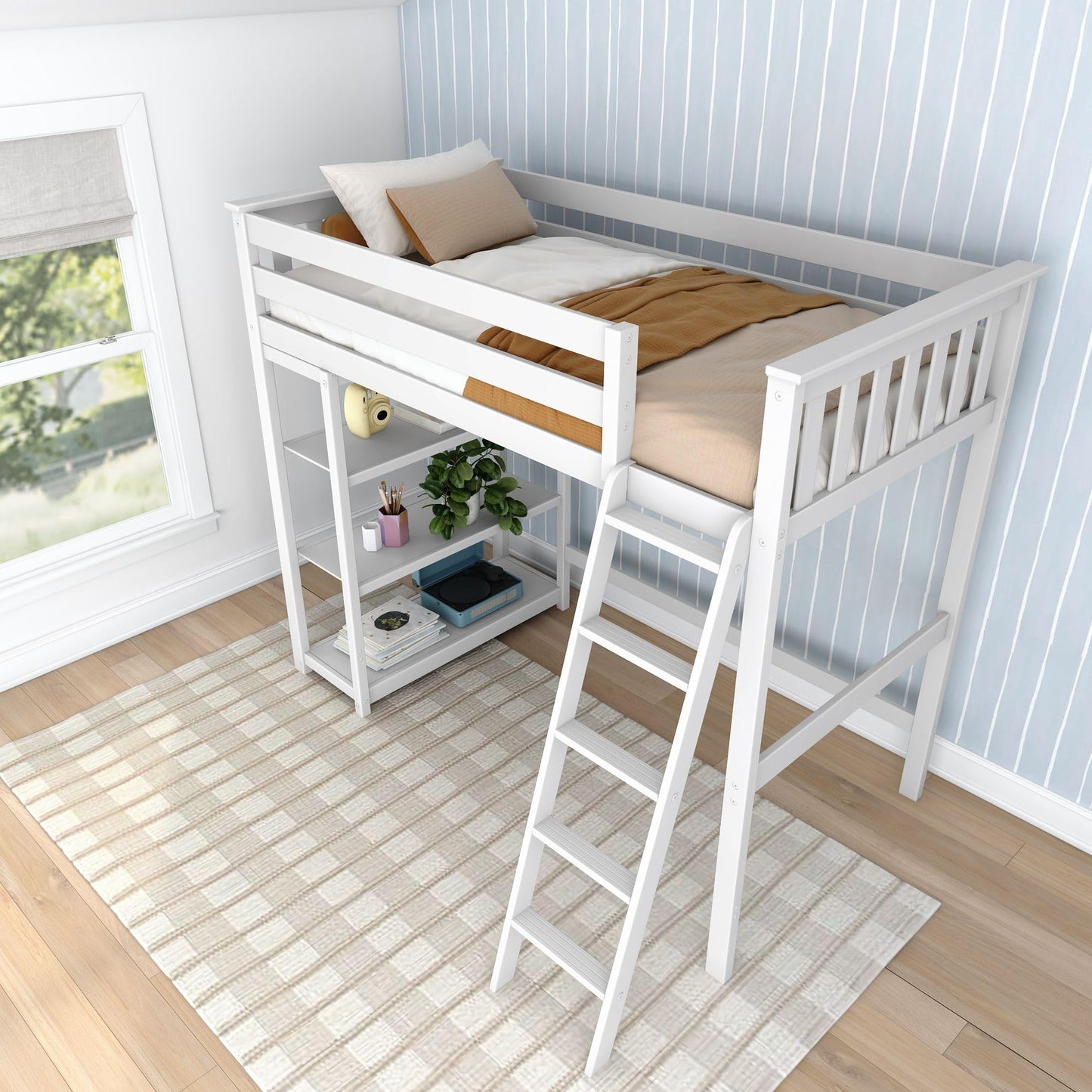 Max & Lily High Loft Bed, Twin Bed Frame For Kids With Bookcase, White