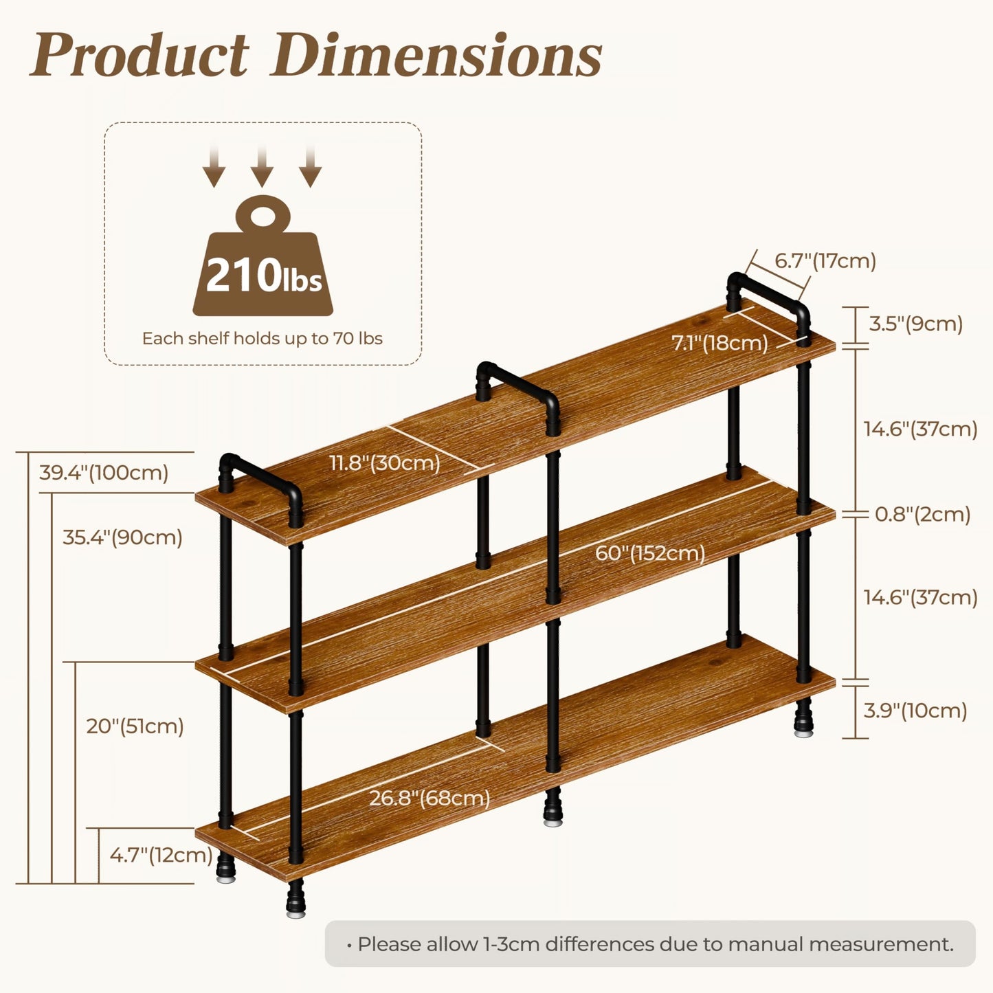 Industrial Bookshelf, Rustic Open Bookcase, 3 Tier Wide Wood and Metal Bookshelf, Solid Pine Wood and Iron Pipe Long Storage Shelf Wide Open Storage Shelf for Living Room Office Bedroom Kitchen