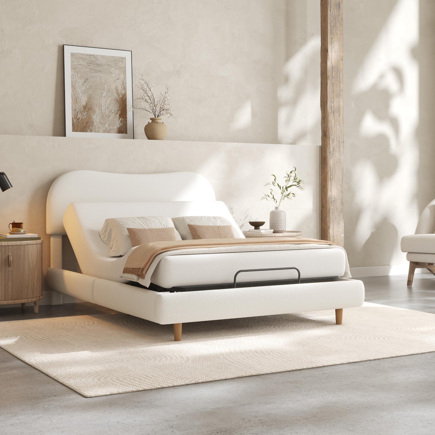FLEXISPOT Queen Adjustable Bed, Complete with Boucle Upholstered Bed Frame, Quiet Powerful DC Motor, Easy Assembly – Ideal for Relaxation, Reading, and Pressure Relief