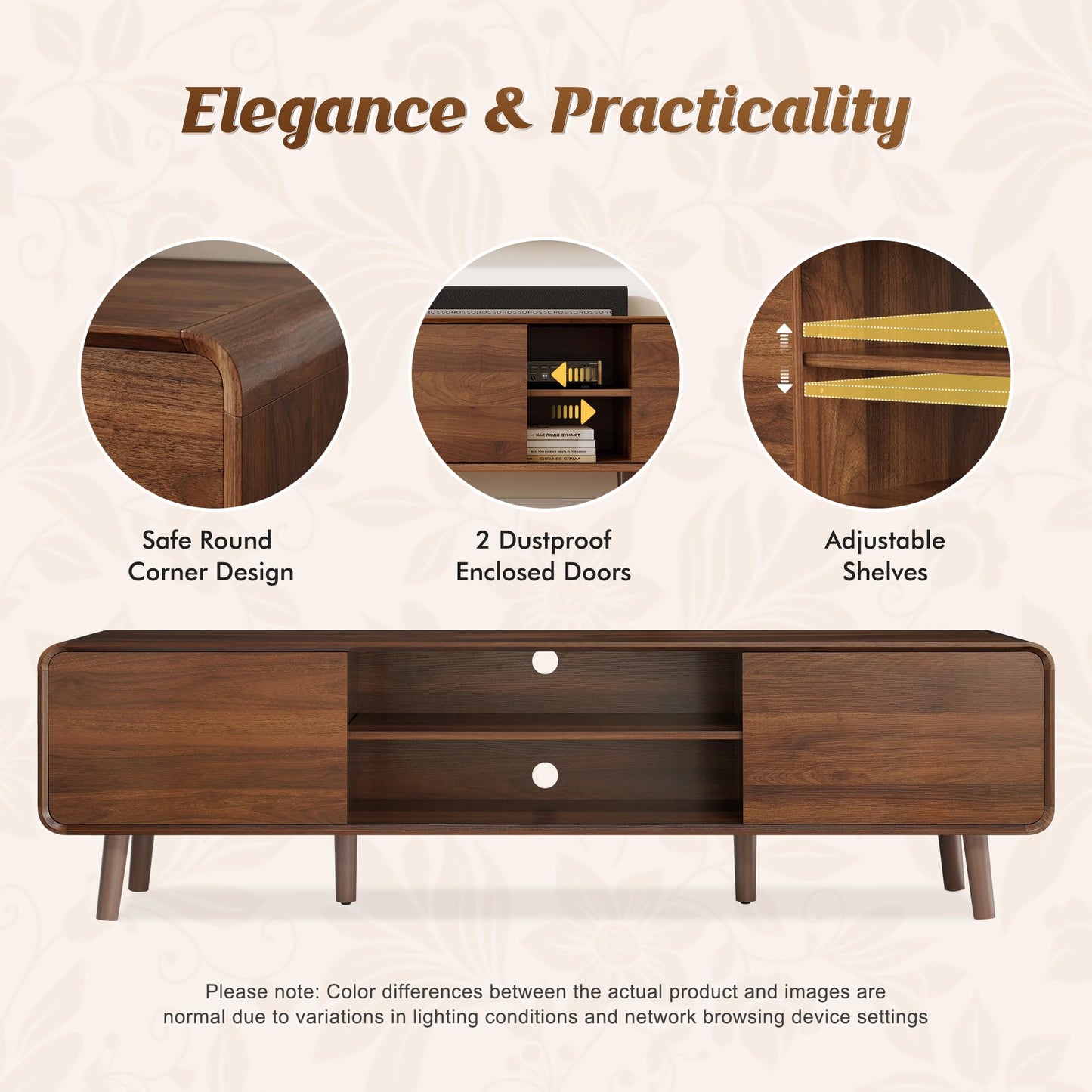 Nasonet 70" Mid Century Modern TV Stand for Tvs up to 80", Entertainment Center with Storage, Sideboard Media Console for Living Room with 2 Sliding Door/Adjustable Shelves, Walnut