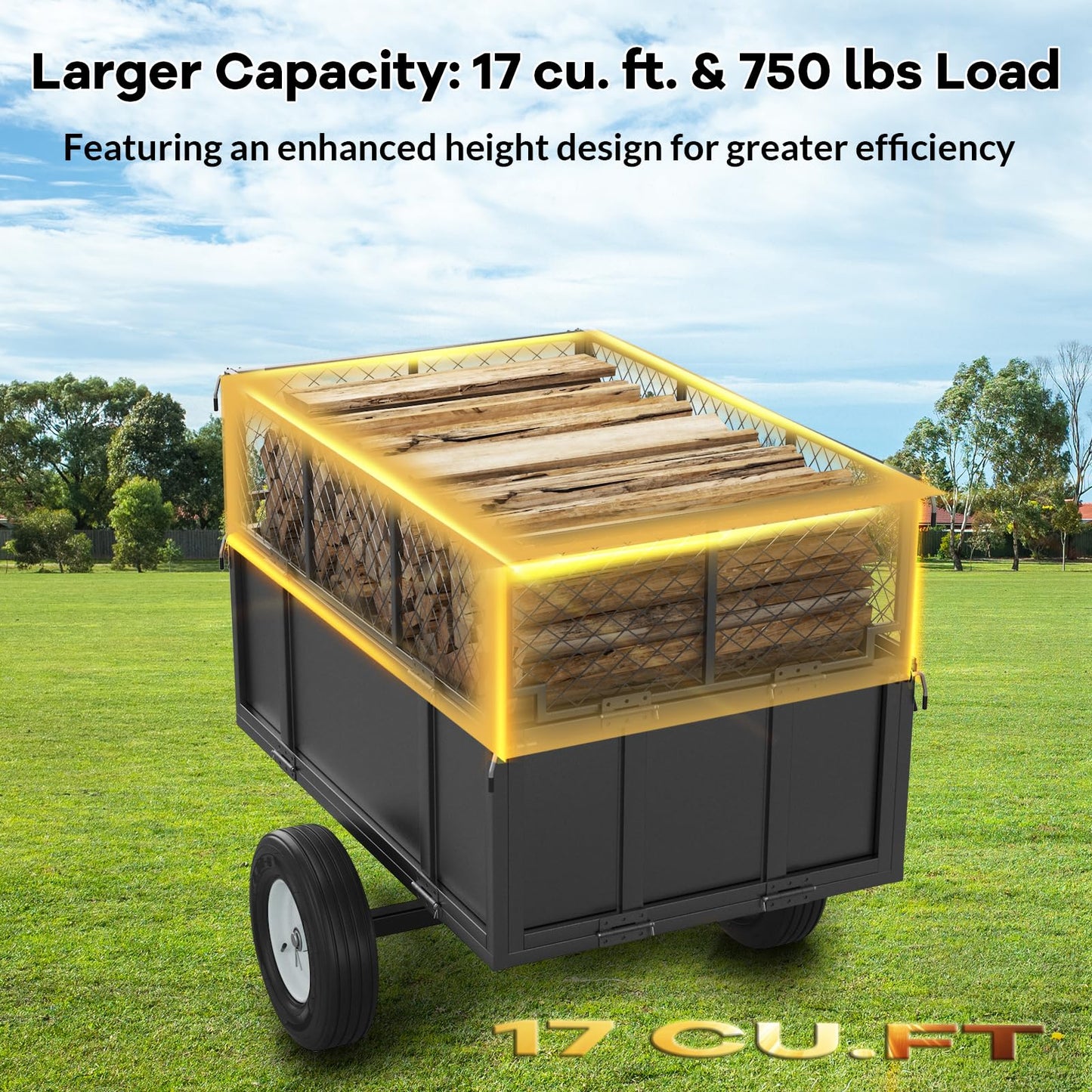 Heavy Duty Utility Dump Trailer – 750 Lbs Capacity, 17 Cu. Ft. Garden Cart for Lawn Tractor, ATV & UTV, Pull-Behind Yard Trailer with Removable Sides, Pneumatic Tires for Hauling Firewood, Mulch & Deb