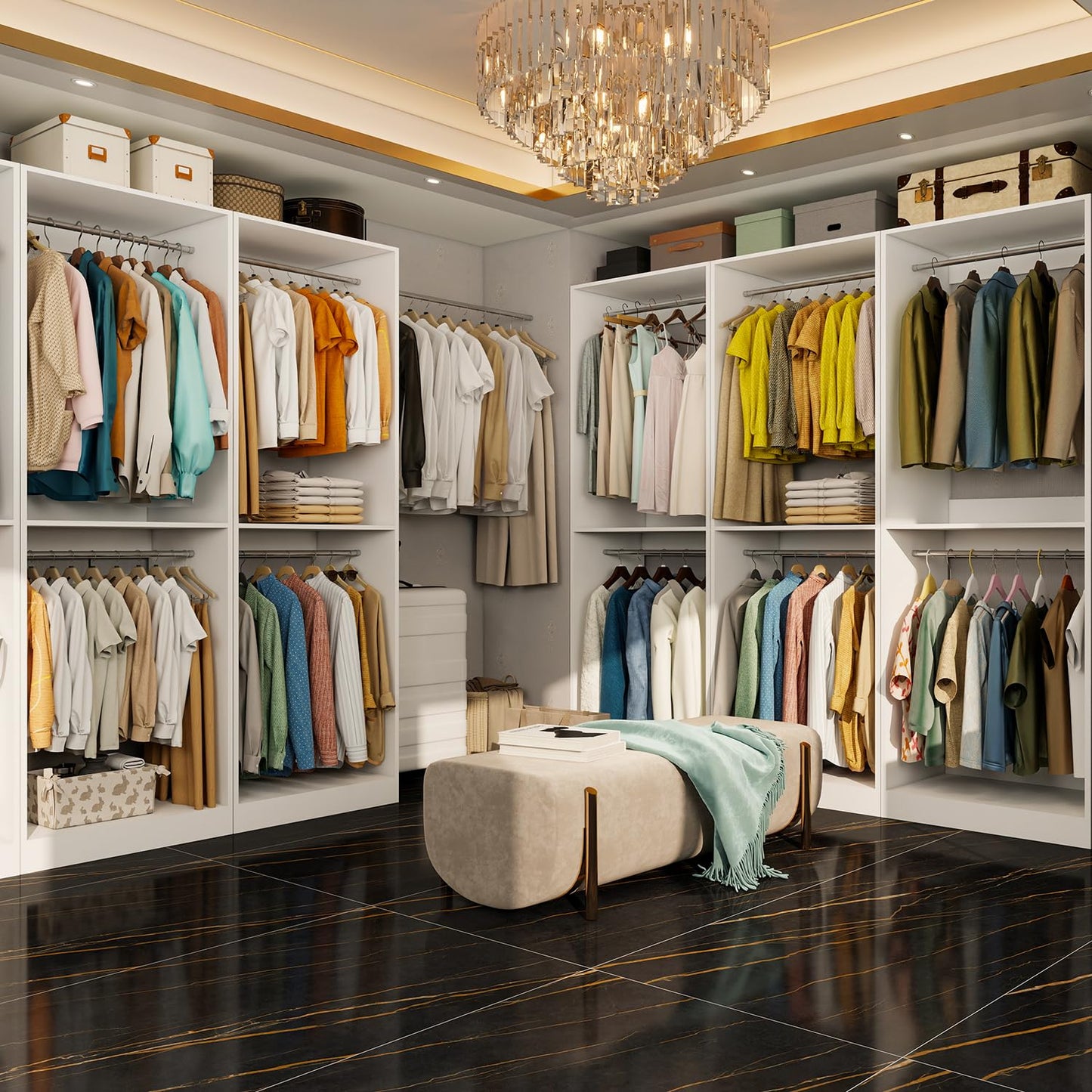 Closet System with 12 Hanging Rods& Shelves , 8FT Small Closet Organizer System Storage Wood with Extra Side Hanging Rod for Walk in Closet, Adjustable Modular Closet Systems Customize, White(8FT)
