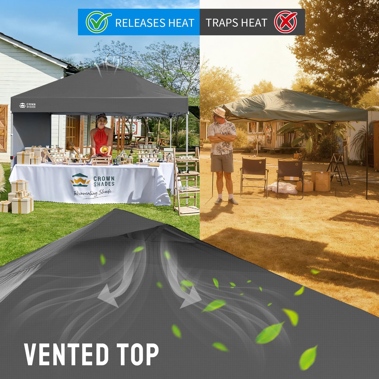 CROWN SHADES Pop Up Canopy with 1 Side Wall - Beach Tent with One Push Setup - Outdoor Sun Shade for Events, Parties, Camping - Gazebo with STO-N-Go Cover Bag, Grid Grey, 12x12FT