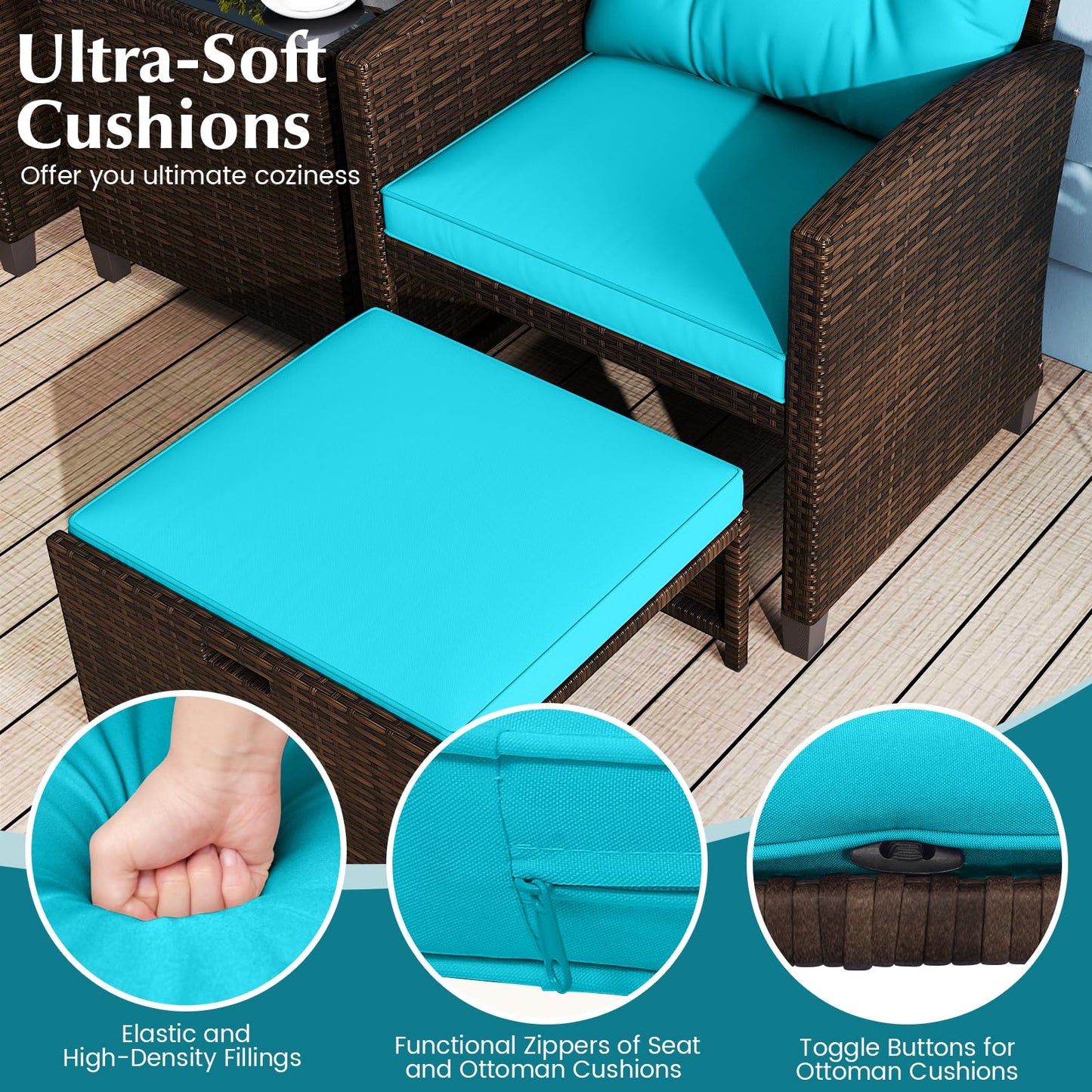Tangkula 5 Pieces Patio Conversation Set, PE Wicker Outdoor Furniture Set with 2 Chairs, 2 Ottomans & Tempered Glass Coffee Table, Ideal for Poolside, Backyard, Lawn, Deck, Mix Brown & Turquoise
