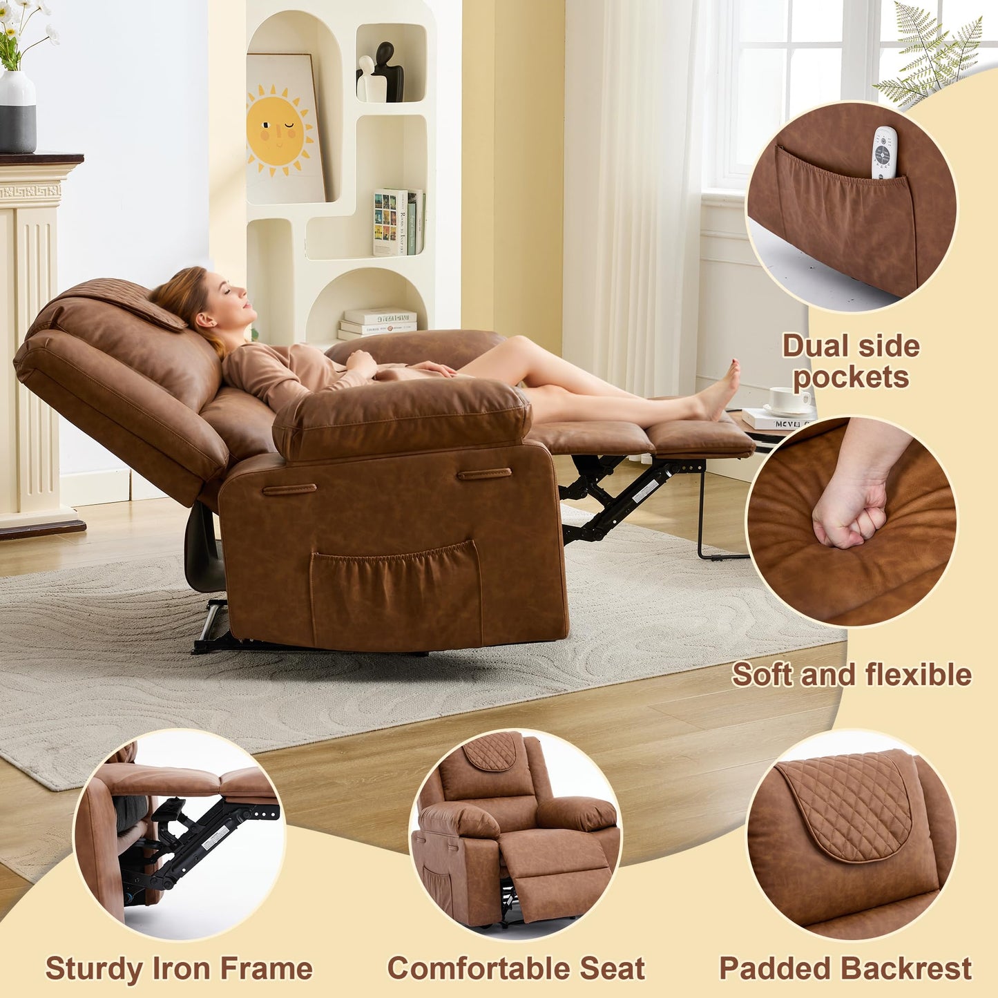 Adult Manual Recliner with Heating and Massage Functions (135° Front and Rear Adjustment) - Equipped with Side Storage Pockets and Remote Control, Suitable for Living Room and Bedroom(Brown)