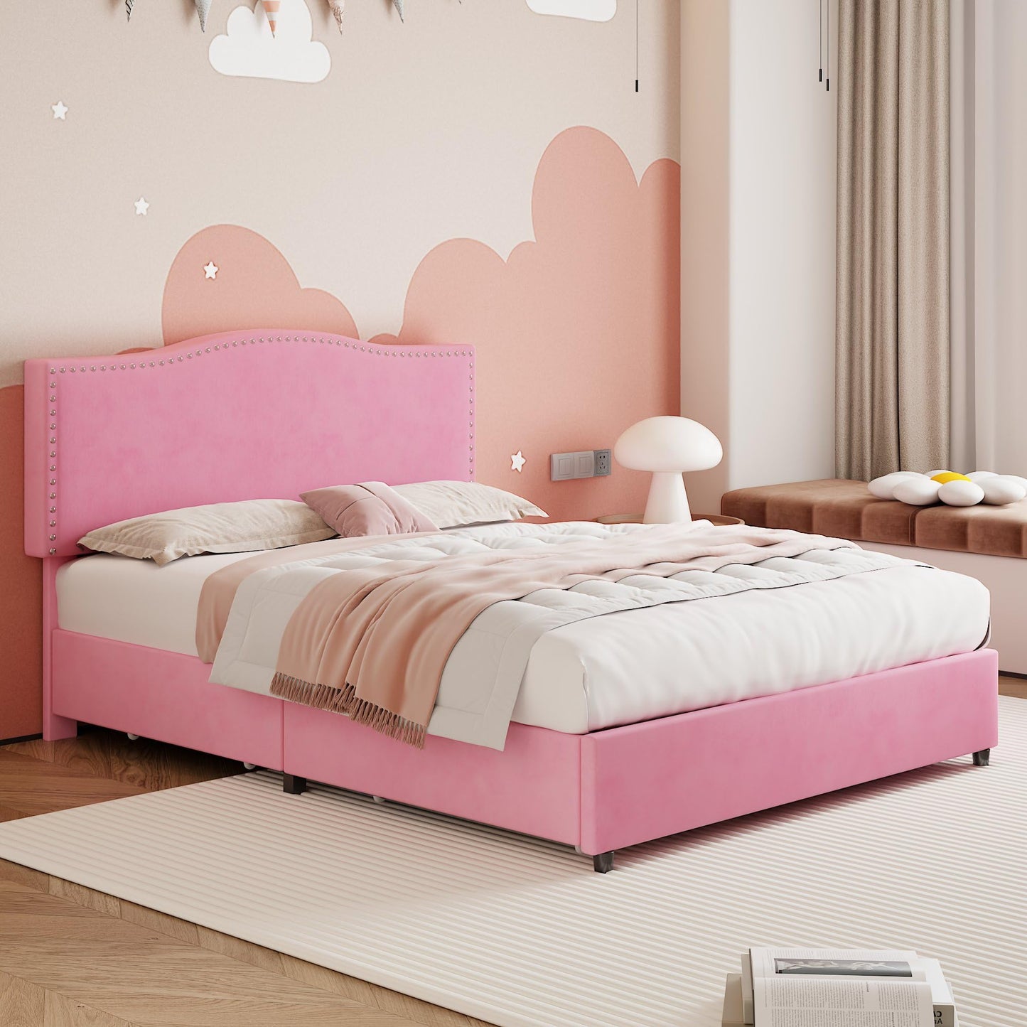 VECELO Queen Bed Frame, Platform Bed Frame with Underbed Storage Drawers and Adjustable Height Upholstered Headboard, Heavy-Duty Frame and Strong Wooden Slats Support, Noise-Free, Easy Assembly, Pink