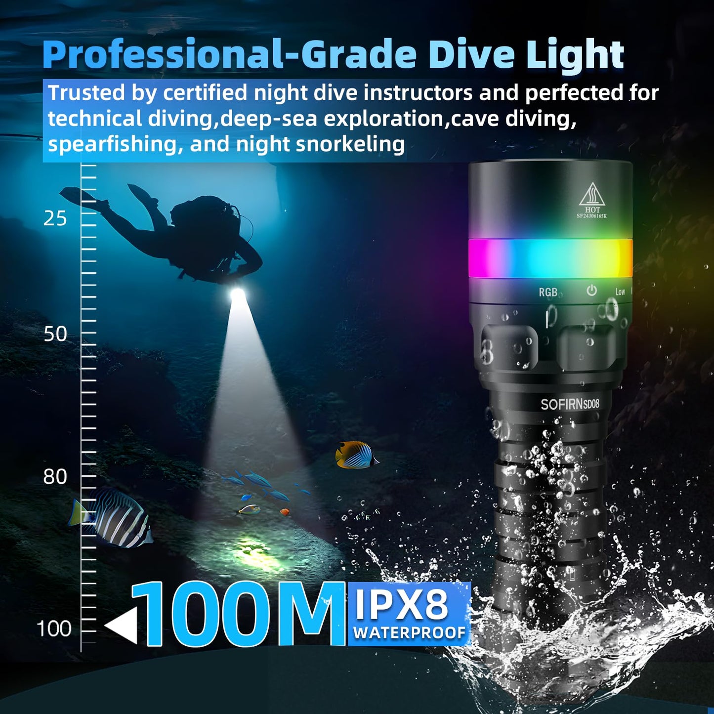 CSTEBOKE Sofirn SD08 Diving Light, 3200lm, IPX8 Waterproof, Black, Aluminum
