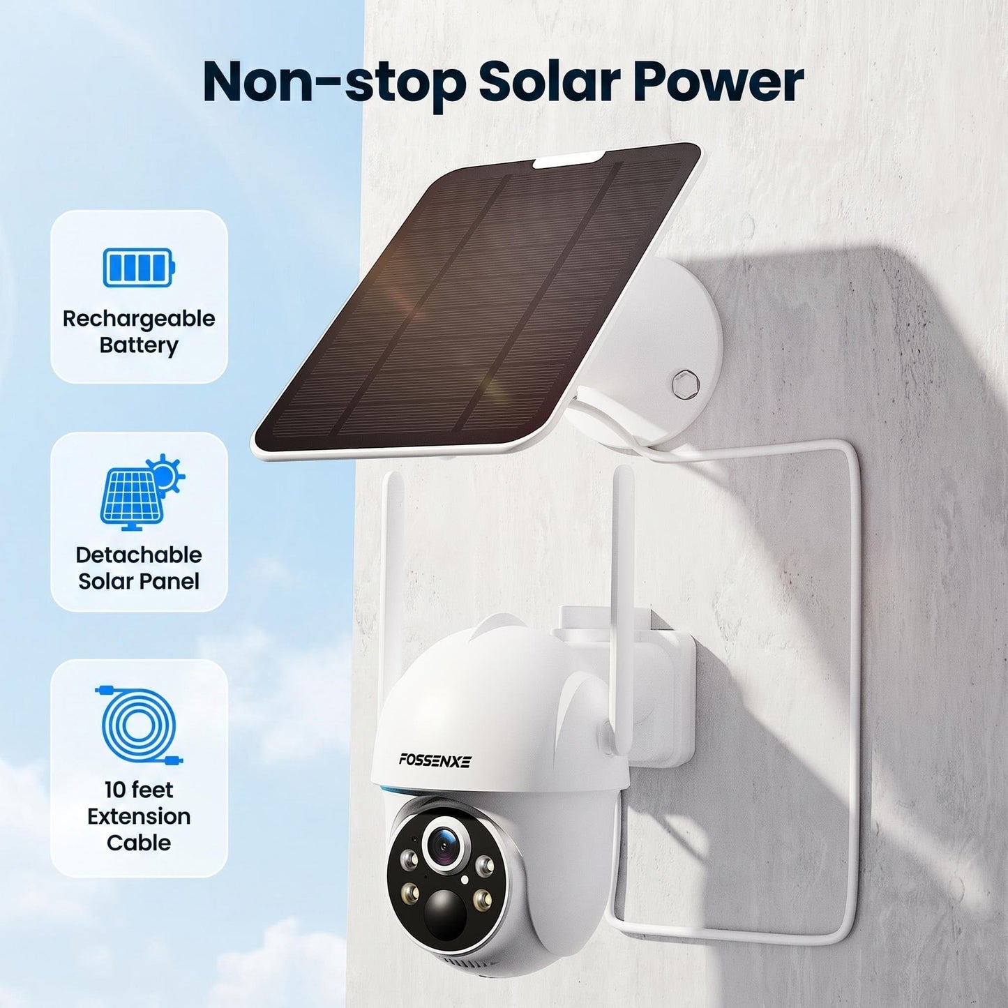 FOSSENXE Solar Security Cameras Wireless Outdoor, WiFi, 2K, 360° Coverage, Color Night Vision, Human Detection, 64GB Local Storage, No Monthly Fees, Easy Setup, IP66 Weatherproof, 4-Camera System