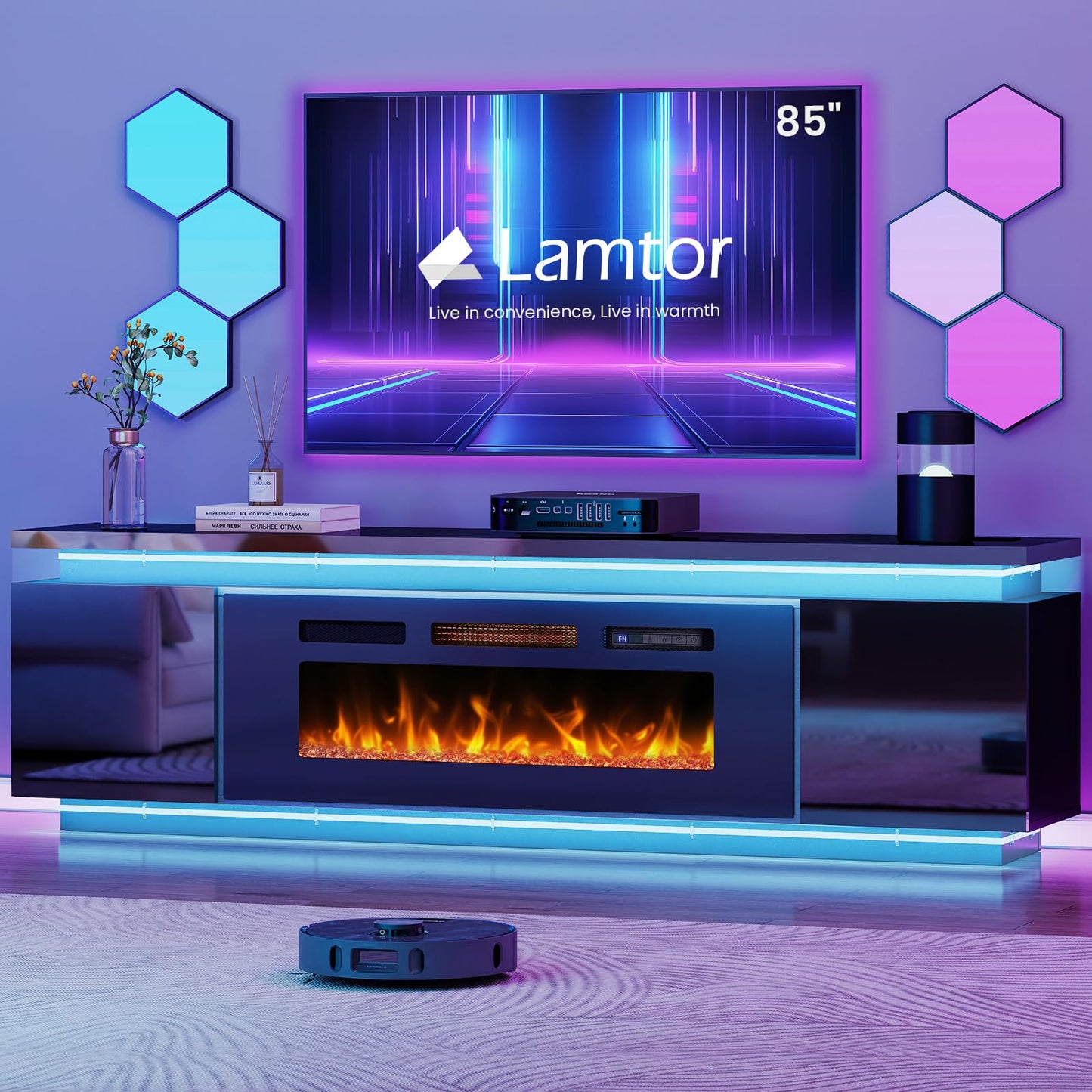 Lamtor Fireplace TV-Stand with 40" Fireplace - 2 LED Light TV-Stand for 85 inch TVs - Entertainment Center with 4 AC Power Outlets - 2 Tier TV Consoles Stand for Living Room, Black