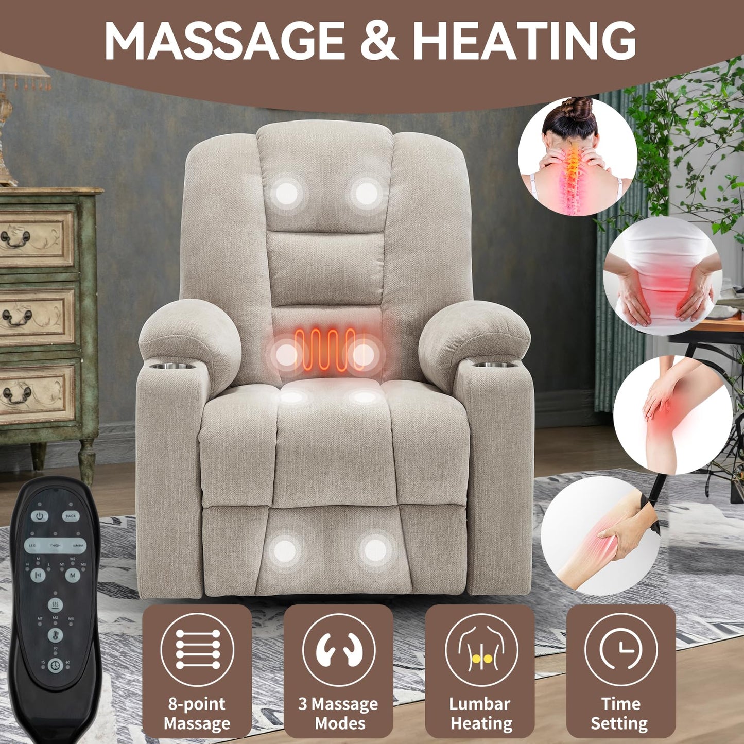 KEIKI Oversized Power Lift Recliner Chair with Heat & Massage, Reding Rocking Chair for Adults, High Seat Comfy Chenille Recliner with Side Pockets, USB Port, Cup Holders & Lumbar Support, Beige