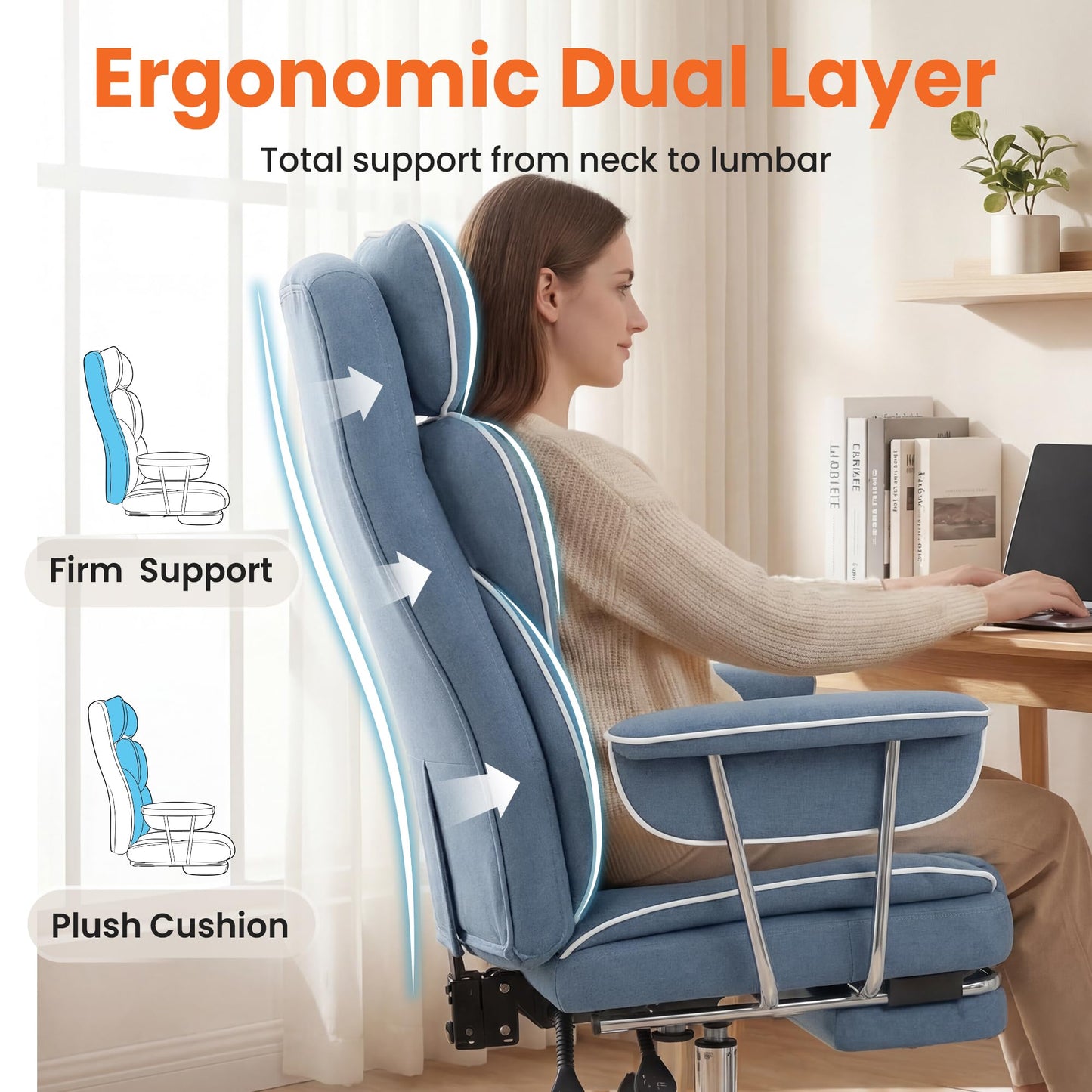 NEO Chair Big and Tall Offie Chair Gaming Computer Chair High Back Heavy Duty Desk Chai with Lumbar Support Adjustable Recliner Footrest Wide Seat Fabric Executive Home with Wheels (Fabric Blue)