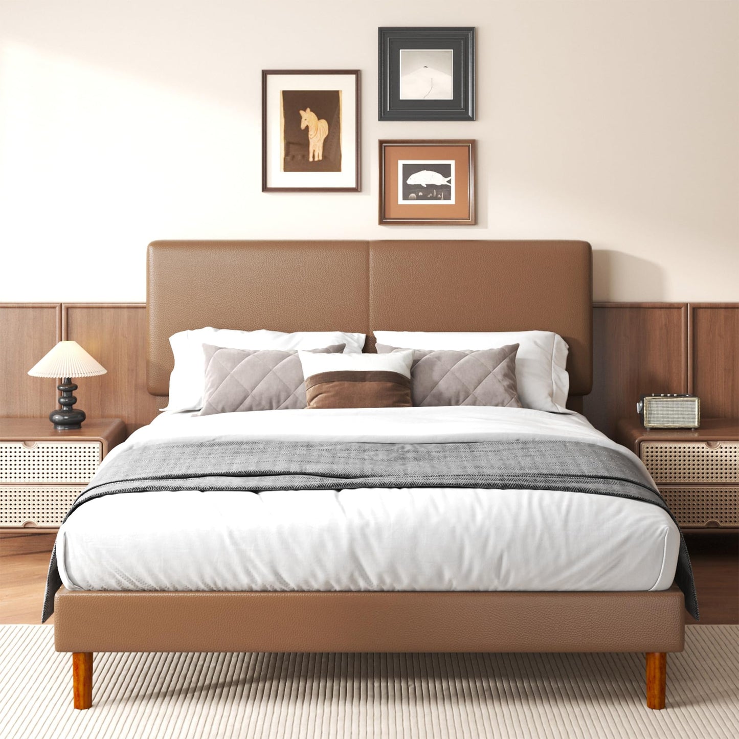 Lcwtvgxr Queen Upholstered Platform Bed Frame with Headboard, Faux Leather Modern Bed Frame with Wood Slat Support, No Box Spring Needed, Easy Assembly, Brown