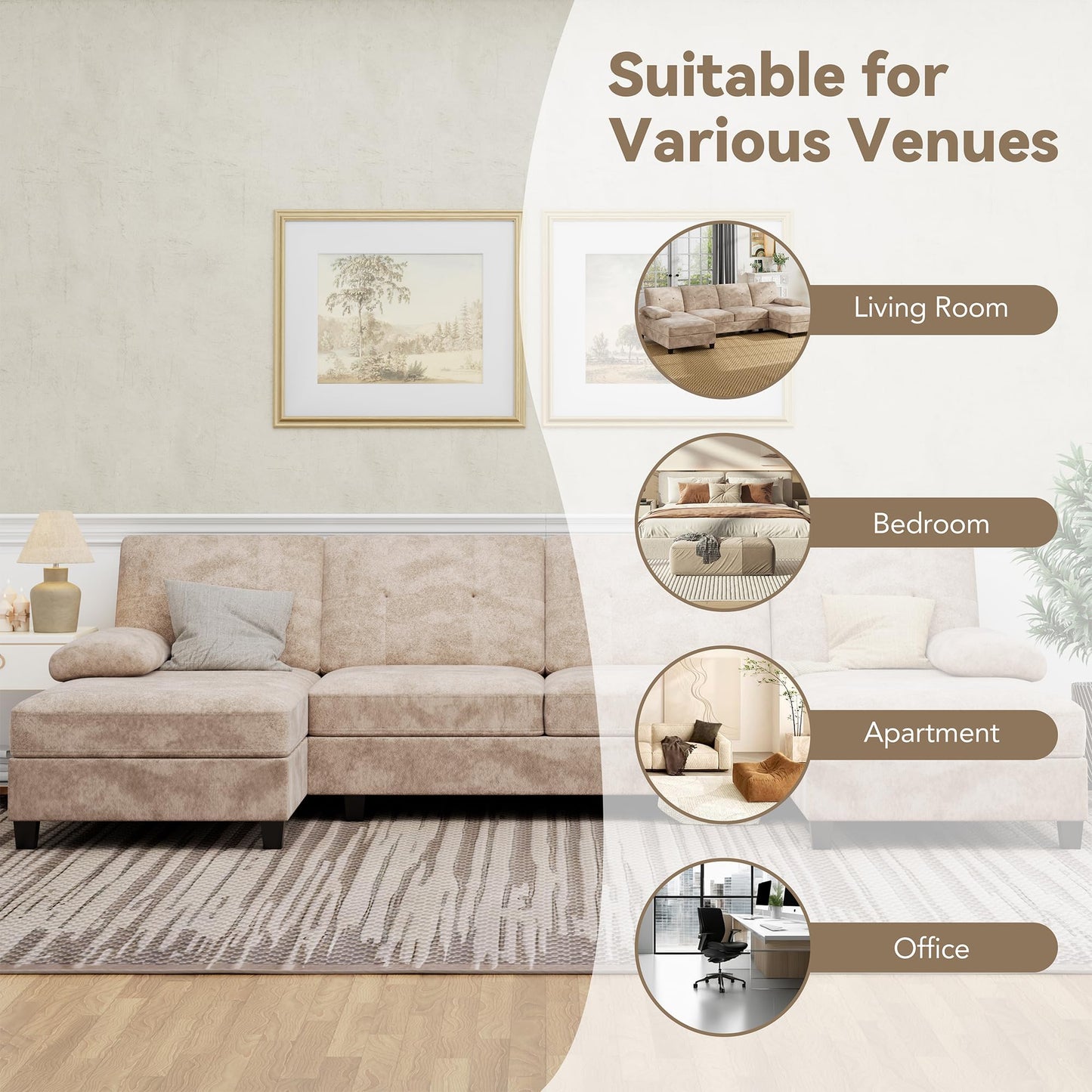 U-Shaped Sectional Couches for Living Room, 4 Seat Sofa with Double Chaise Lounges,Solid Wood Frame Sectional Sofa for Apartment,Beige