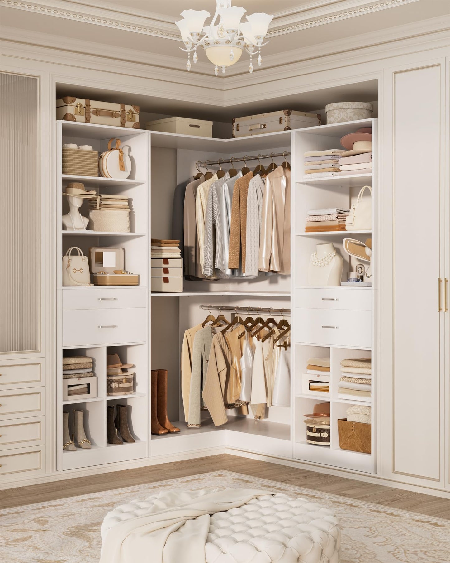 Besiost Closet System with 4 Drawers, 53.5" * 53.5"/ 31.5"*75.5" Closet Organizer System with Corner Tower, L Shaped Walk-in Closet System, Corner Closet System with Shelves, Set of 3, White