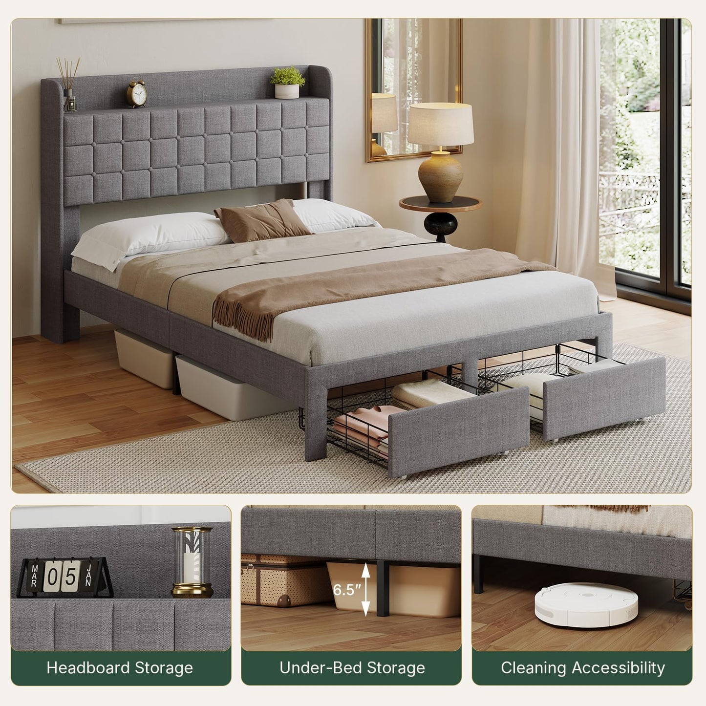 HAPPYMONT Full Size Storage Bed Frame, Square Tufted Headboard, Platform Bed with 2 Underbed Drawers at Foot, Wooden Slats Support, No Box Spring Needed, Dark Gray
