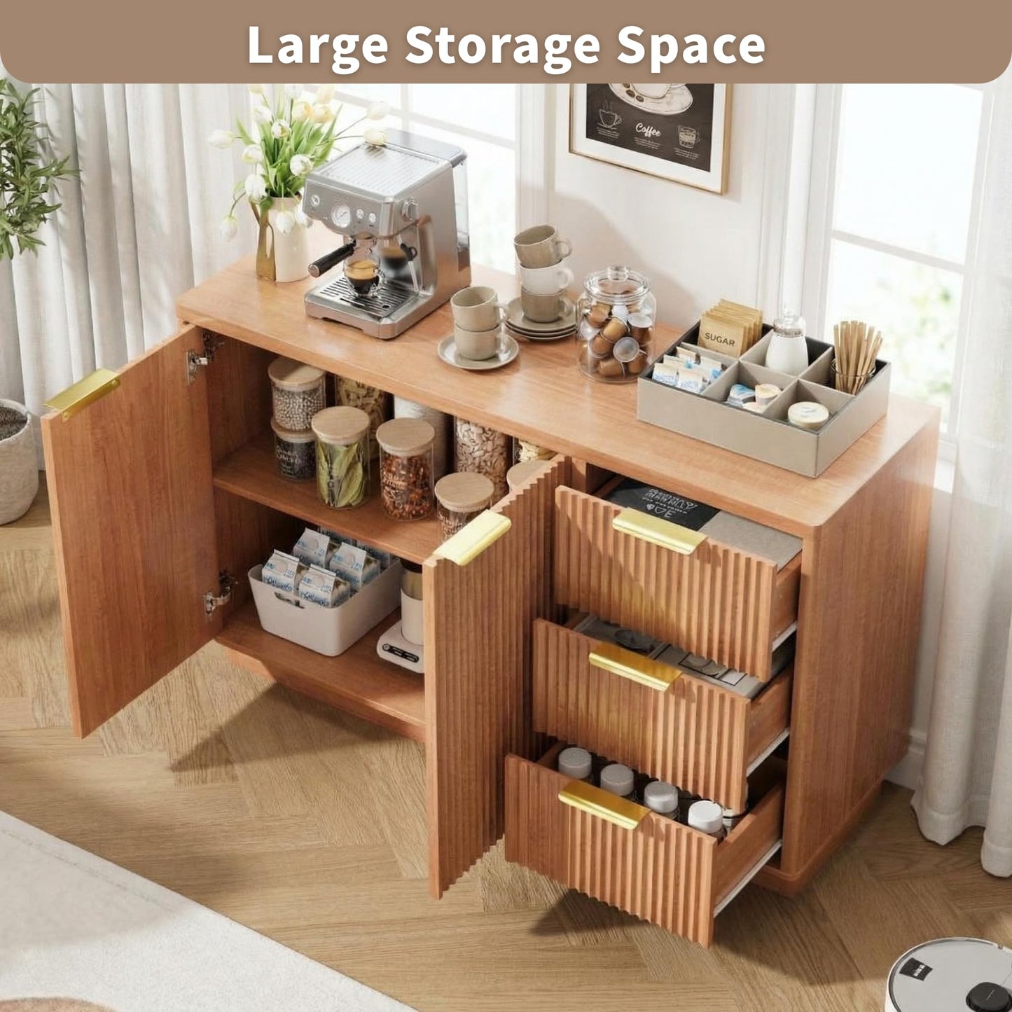 IDEALHOUSE 47" Fluted Sideboard Buffet Cabinet, Coffee Bar Cabinet with 2 Drawers & 3 Doors, Large Capacity Storage Sideboard for Living Room Kitchen Hallway, and Entryway, Natural