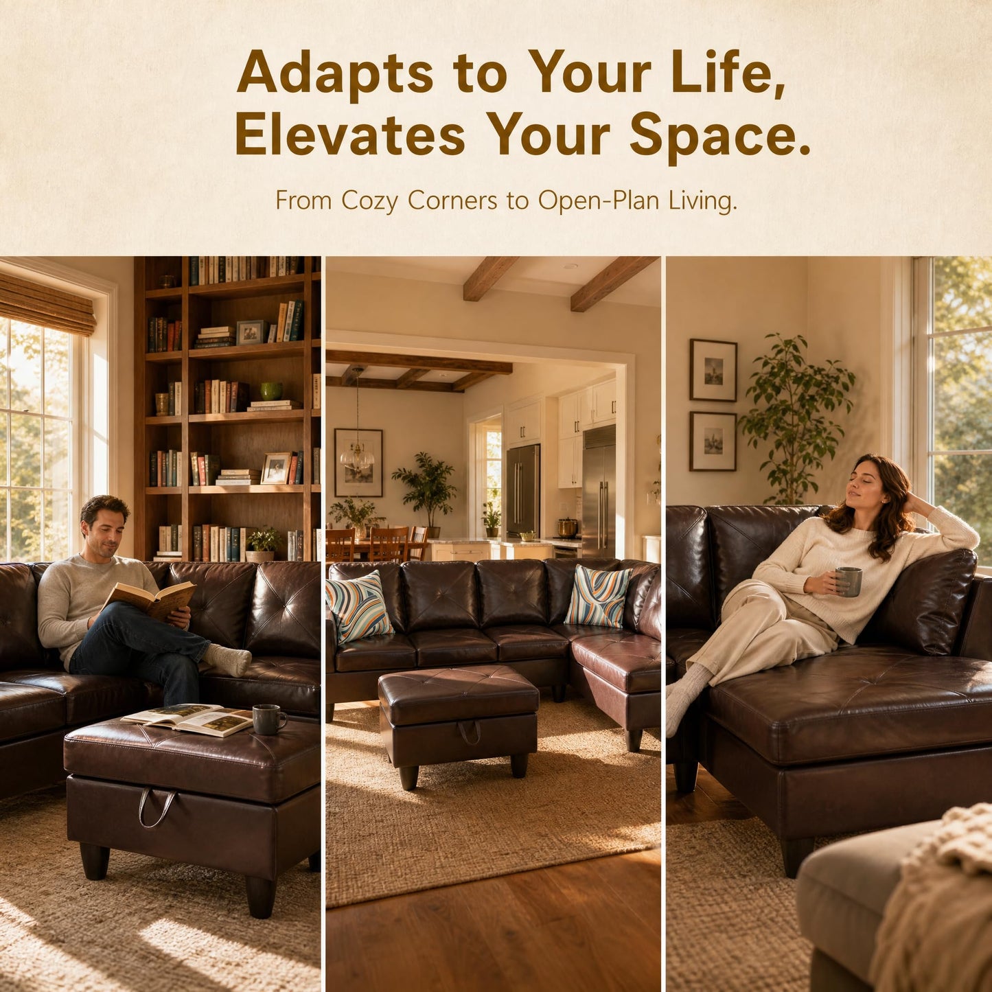 Trygoal 97" Leather L Shaped Couch with Right Chaise & Cup Holder, Sectional Sofas Modular Furniture Set with Storage Ottoman, Convertible Couches for Living Room, Small Space & Office (Brown)