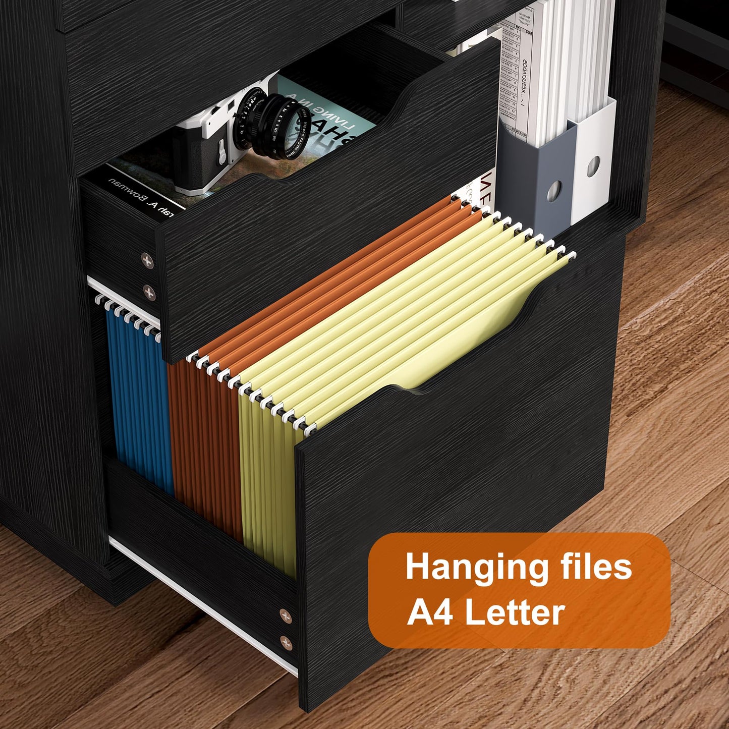 TQVAI 4 Drawer Filing Cabinet Organizer with 2 Open Shelves, Heavy Duty for Storing Letter A4 Size and Printer, Wood Lateral File Cabinets for Home Office, Hanging Files, Black, Easy Assembly