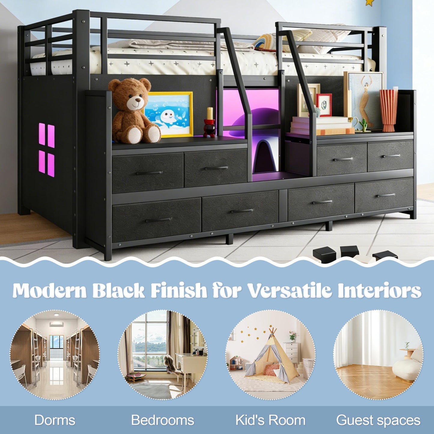 Bellemave Twin Size Low Loft Bed with 8 Drawers, Storage Shelves & LED Lights, Metal Low Loft Bed Frame with Multi-Storage & Under-Bed Spaces for Kids Girls Boys, Black