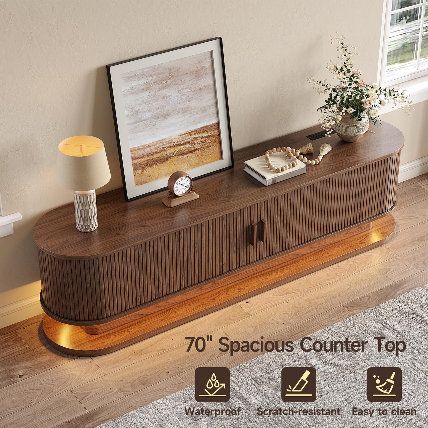 ONBRILL 70" TV Stand up to 80 Inch, Entertainment Center with LED Lights and Storage, Mid Century Modern Fluted TV Console with Power Outlet, Media Console for Living Room Bedroom (Walnut)