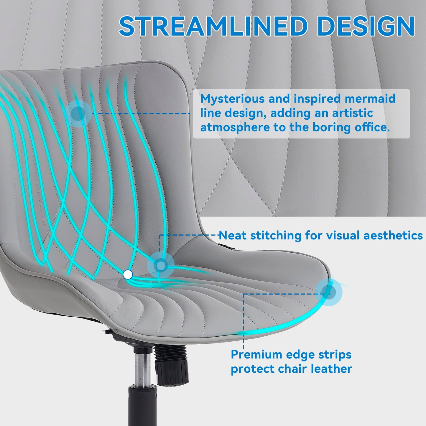 YOUNIKE Office Chair, Armless Desk Chair with Wheels, Adjustable Swivel Rolling Home Office Computer Task Chairs, Modern Faux Leather Upholstered Vanity Chair, Grey