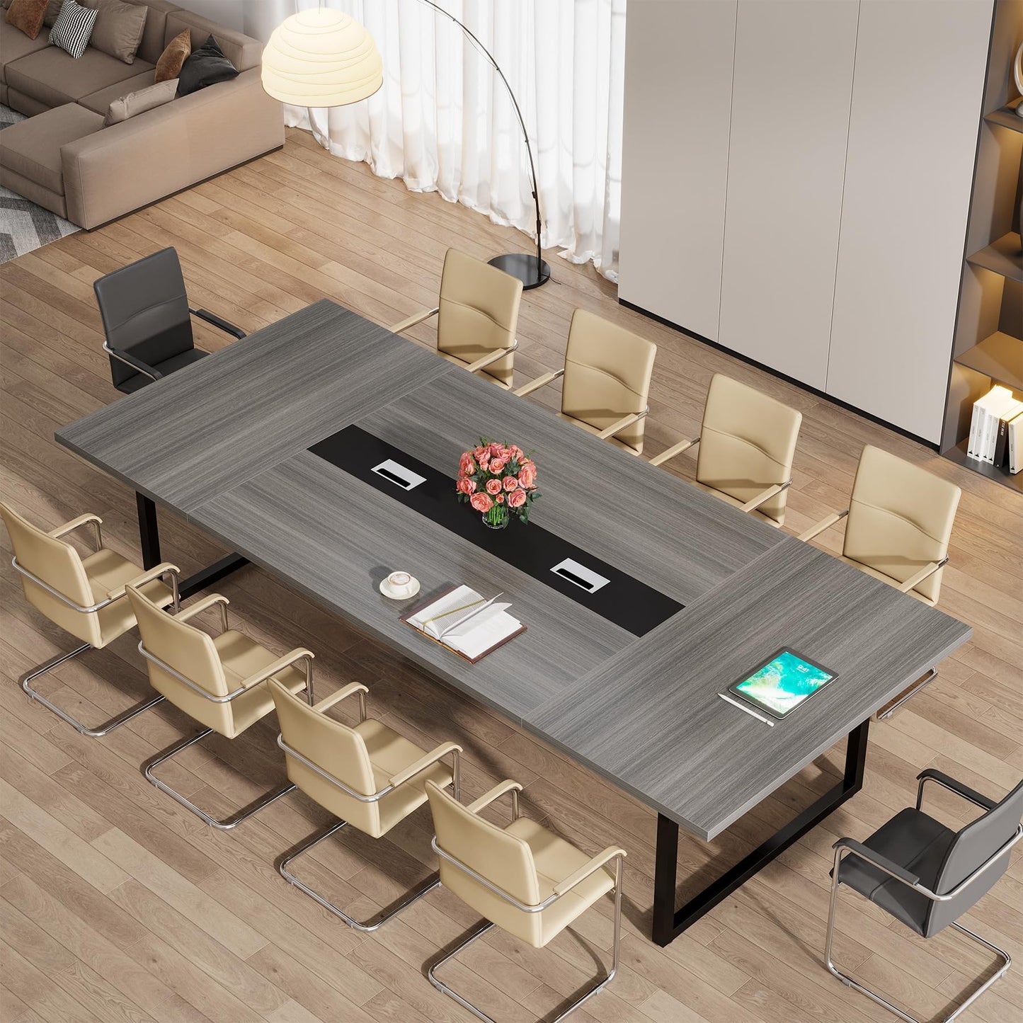 Tribesigns 8FT Conference Table, 94.49 L x 47.24 W x 29.53 H Inches Large Meeting Podcast Table for 10 People, Business Style Wooden Training Table with Strong Metal Frame for Office Conference