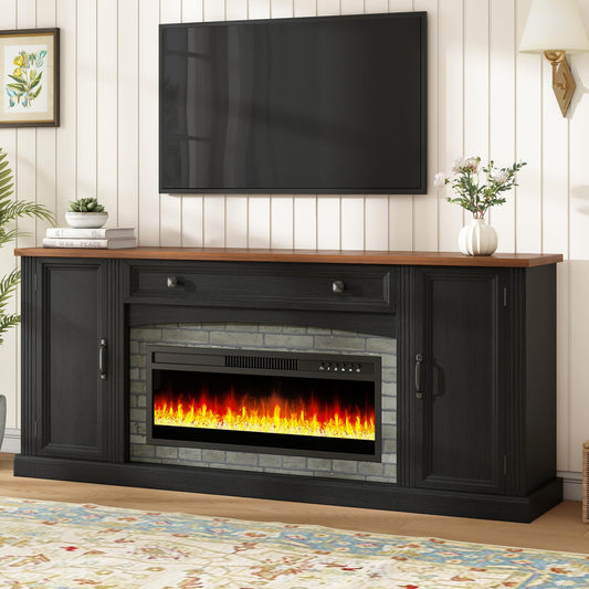 Merax Electric Fireplace TV Stand with Storage, Farmhouse Entertainment Center for Living Room, Heater Unit with Adjustable Shelves & Cable Management, MDF Wood Media Console Table, Black
