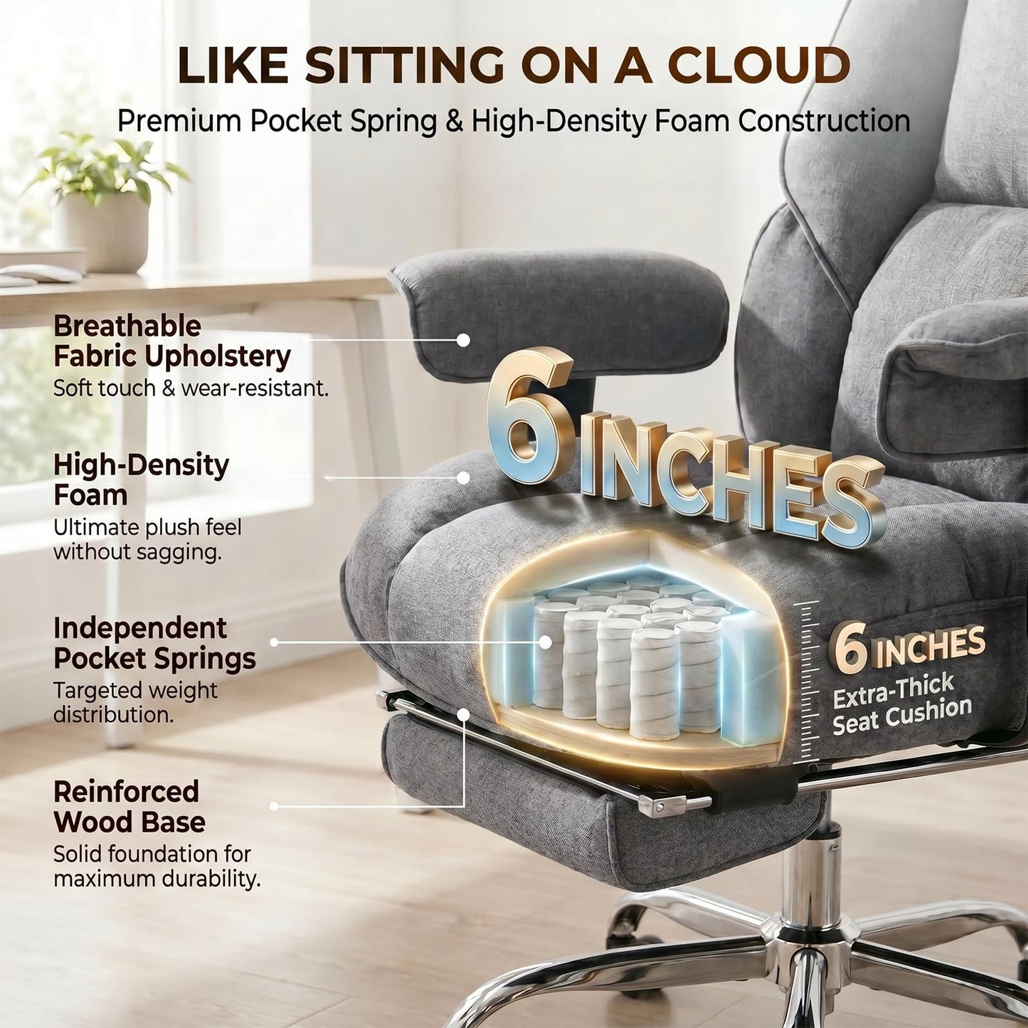 mokodo Big and Tall Office Chair 400lbs, Breathable Fabric Executive Desk Chair with Pocket Spring Cushion, 155° Reclining Computer Chair with Integrated Headrest & Lumbar Pillow (Grey)