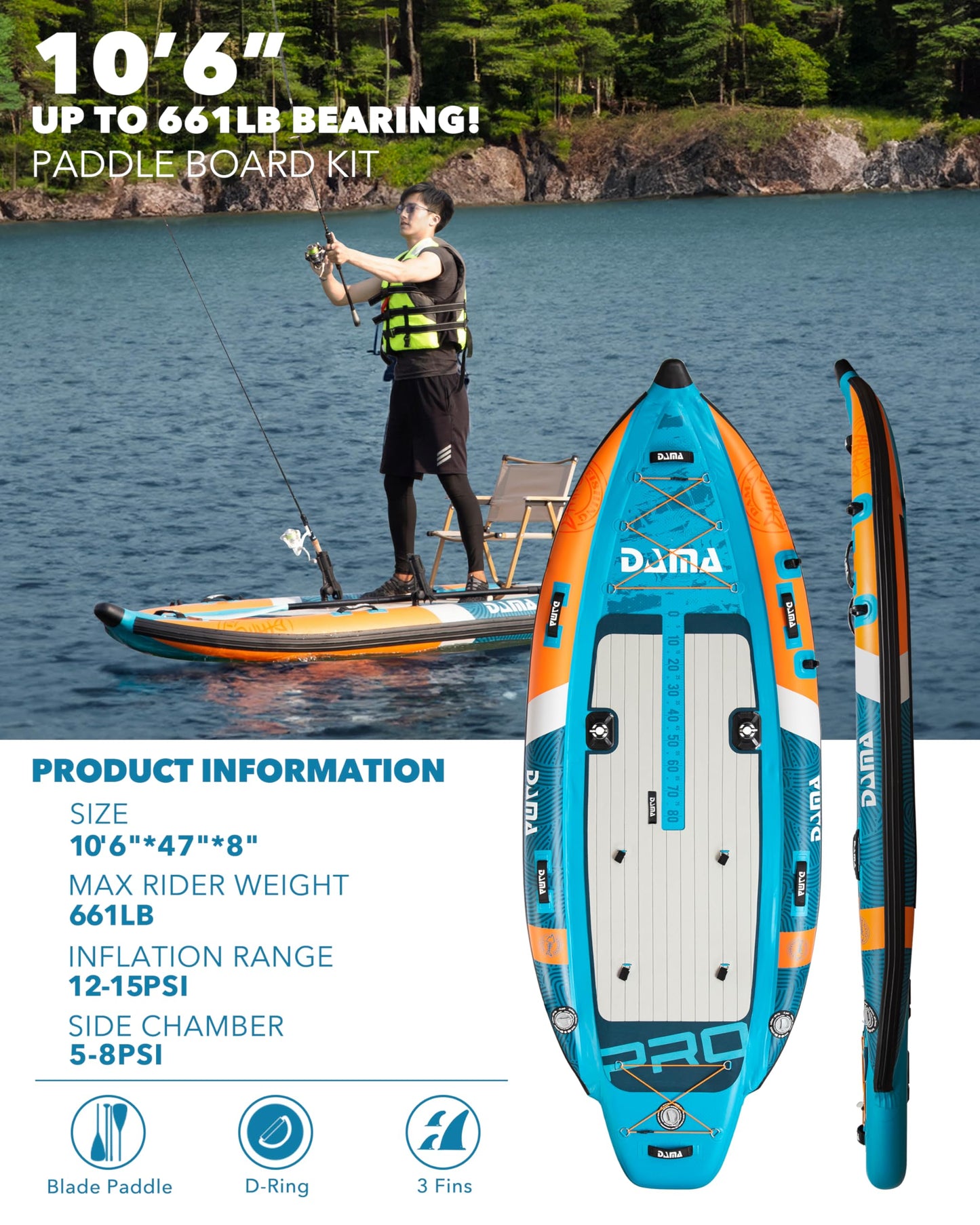 DAMA Triple Chamber Inflatable Stand Up Paddle Board 10'8"*47", Extra Wide Paddle Boards for Adults, Fishing Paddle Board SUP with 3 Removable Fins, 2 Fishing Rod Holders, Kayak Paddle