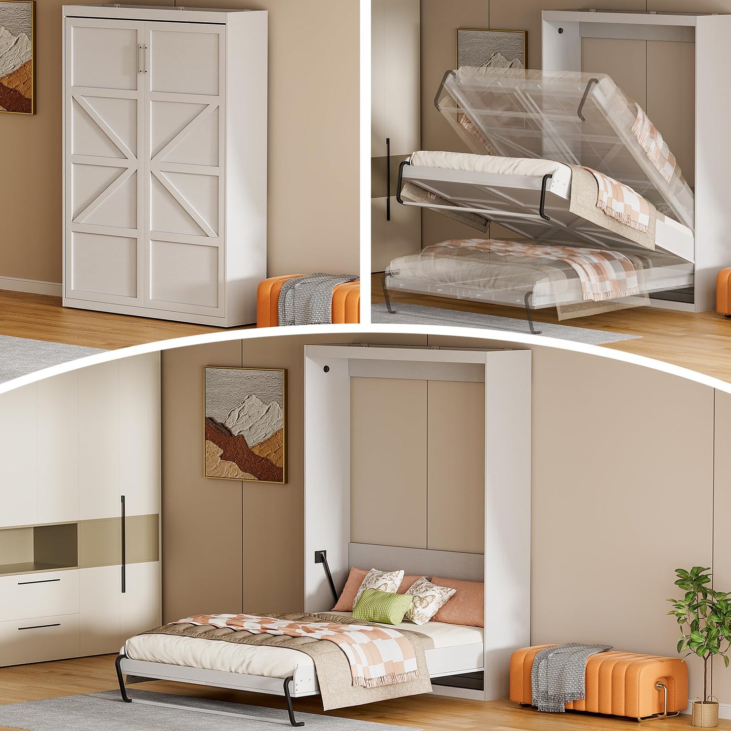 ROOMTEC Full Size Murphy Wall Bed, White, Space-Saving Furniture Bed Frame for Bed Room,Guest Room,Home Office
