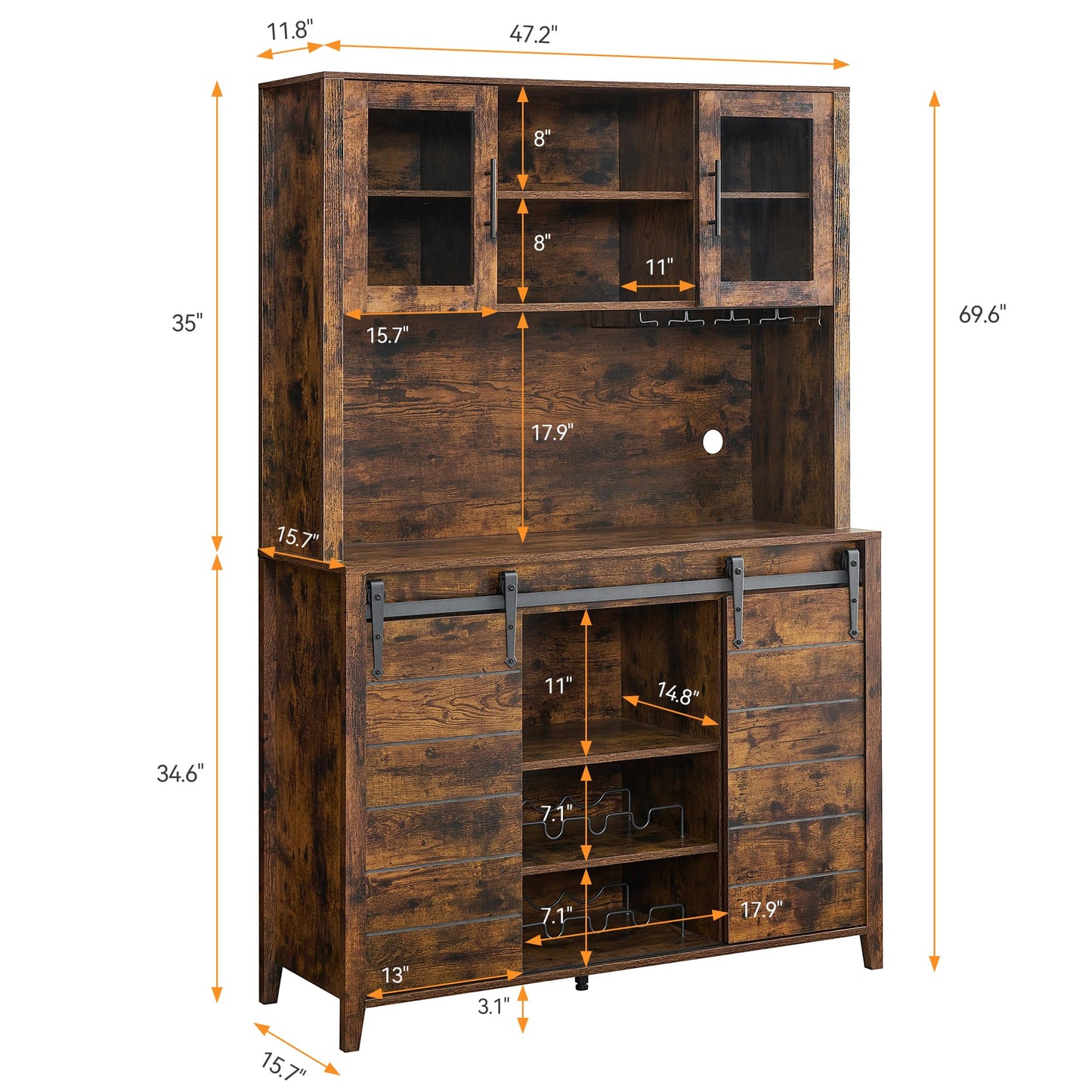 IDEALHOUSE 70'' Wine Coffee Bar Cabinet with Storage Hutch, Tall Kitchen Pantry Liquor Cabinet with Sliding Barn Doors, Bottle Glasses Rack, Farmhouse Buffet for Home Dining Room, Brown