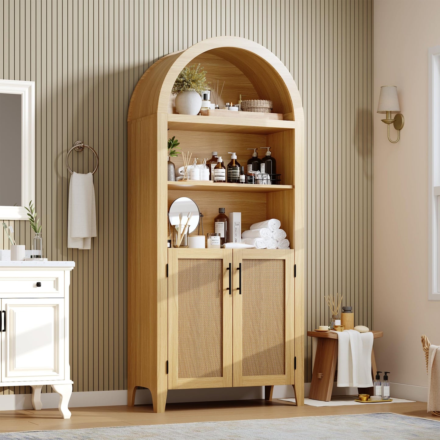 IDEALHOUSE Arched Kitchen Pantry Cabinet with Doors - 5-Tier Open Display Shelf with Rattan Decor, Farmhouse Storage Cabinet for Kitchen, Dining Room, Living Room, Natural