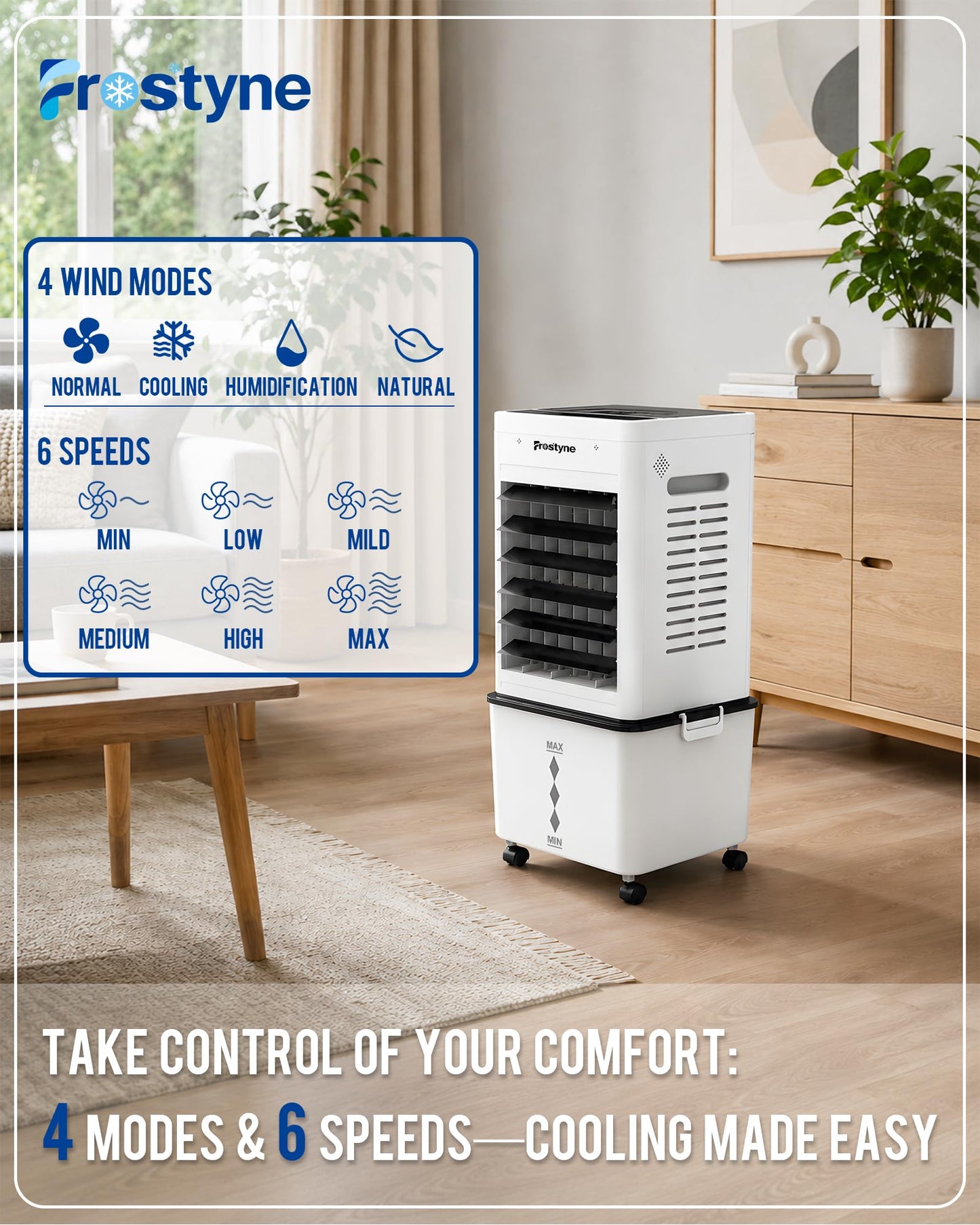 Frostyne Portable Evaporative Air Cooler w/Humidifier – 3Ga Water Tank, 10 Ice Packs, 6 Speeds & 4 Modes, Timer & Remote, Windowless Portable Fan for Bedroom, Home, Office,Black