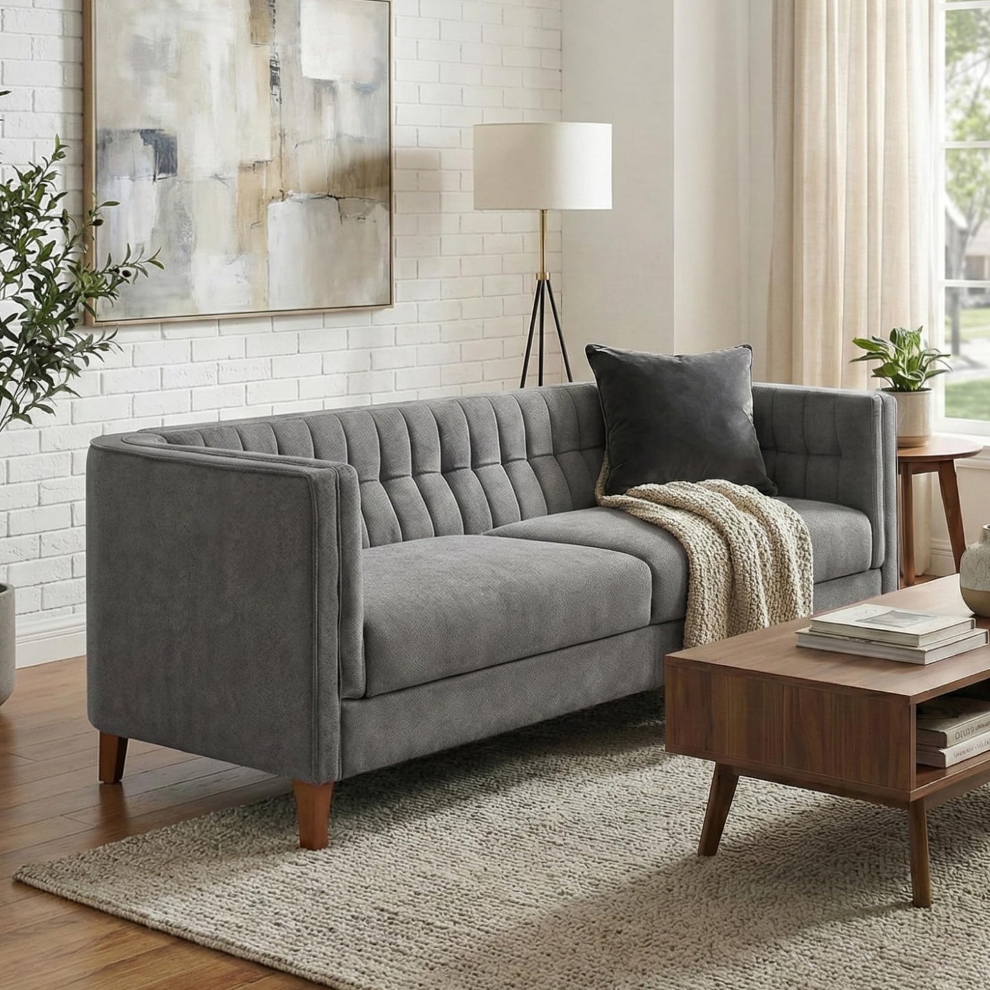 Merax Modern 76" 3-Seater Chenille Sofa with Channel Tufted Back, Curved Armrests, and Solid Birch Wood Legs – Plush Deep-Seat Couch for Living Room, Apartment, Grey