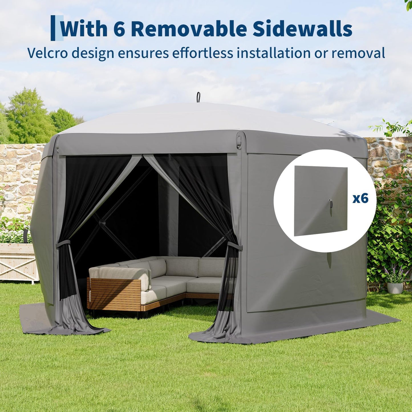 Garvee 13FT Pop-Up Gazebo 6-Sided, Outdoor Canopy Tent with Mosquito Netting & Removable Wind Cloths for Camping, Backyard Parties, Outdoor Events, Grey
